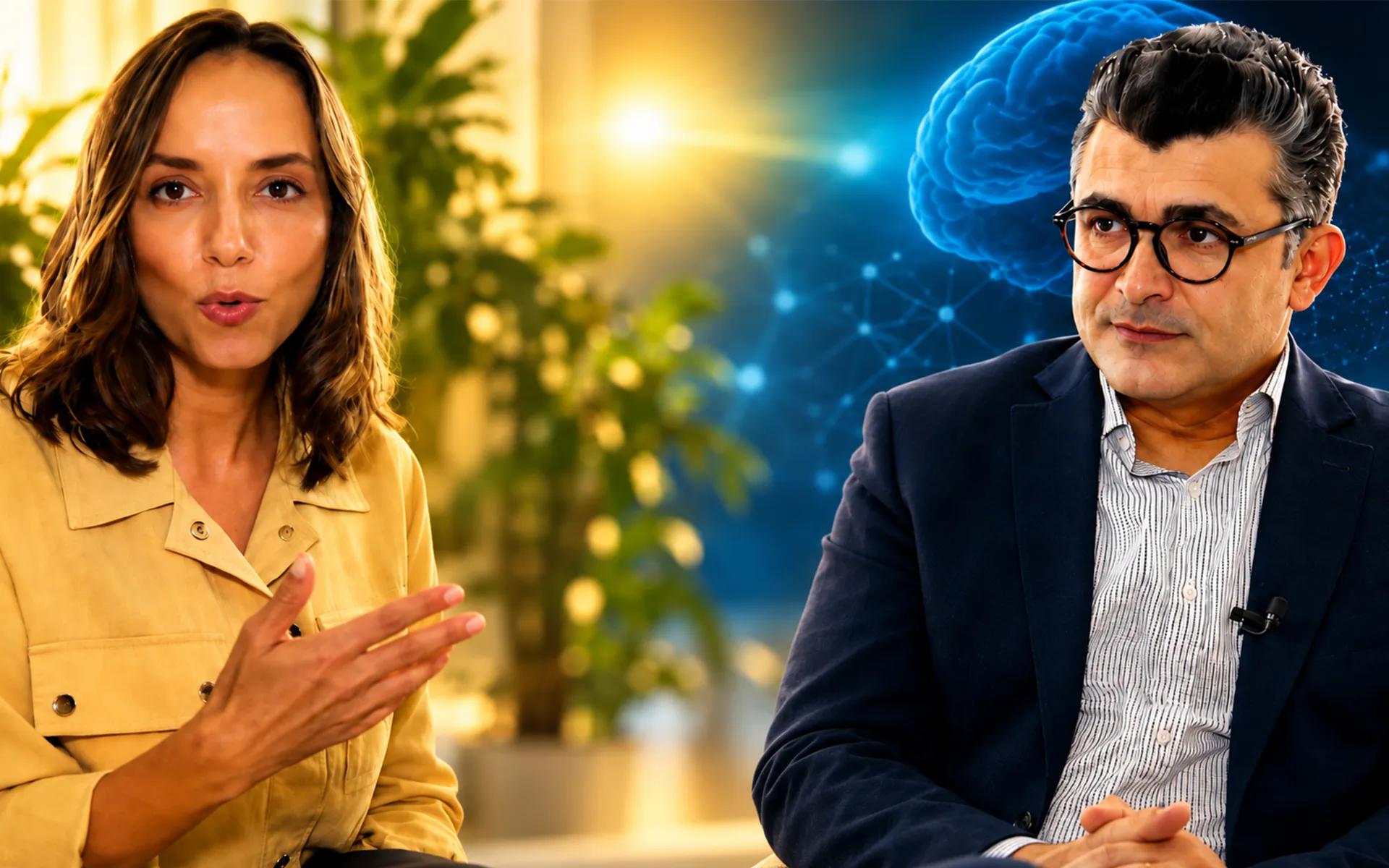 Composição da entrevista: a repórter à esquerda, falando e gesticulando, e o Dr. Rogério Silva à direita, de blazer azul e óculos, com uma ilustração de cérebro em azul ao fundo.
