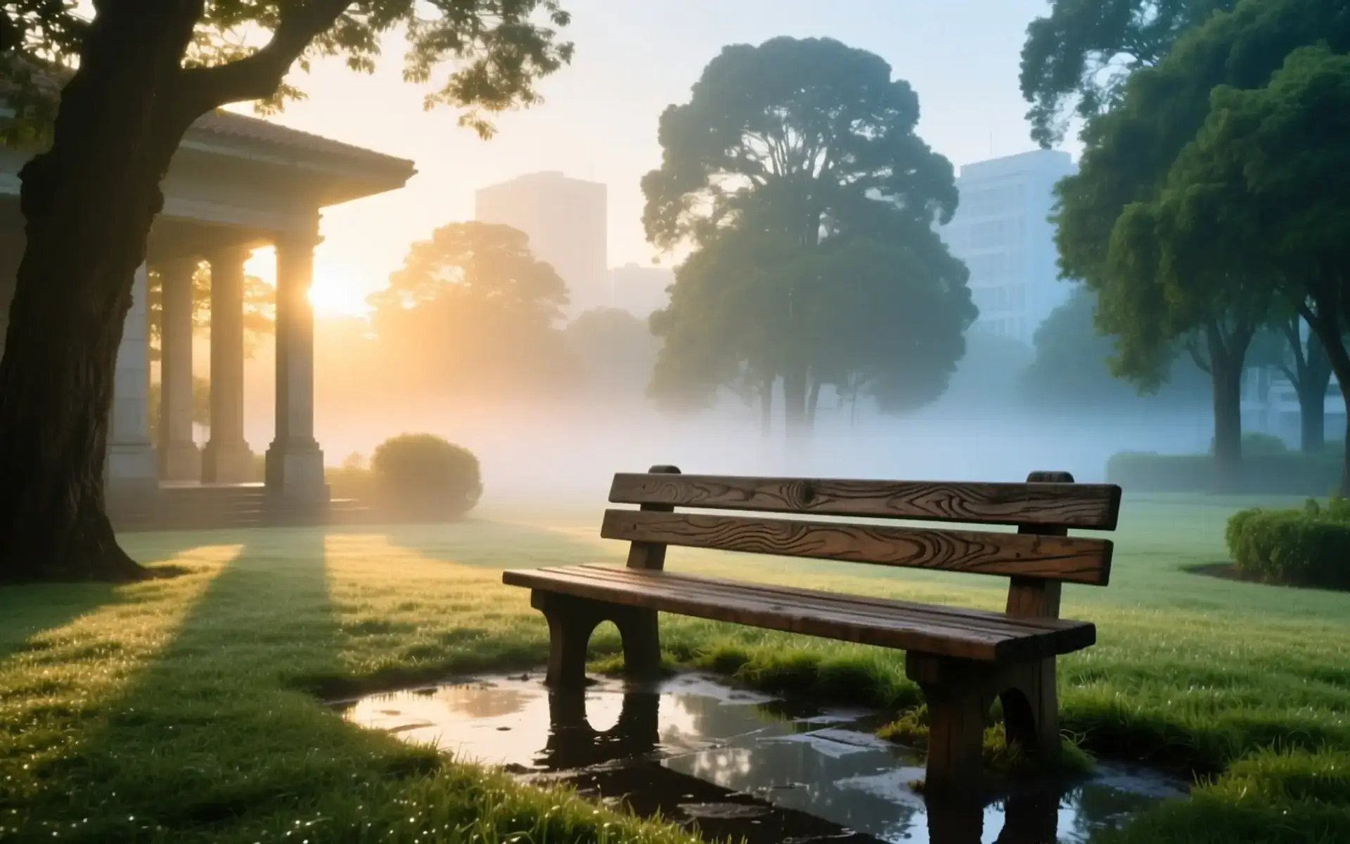 Banco de madeira vazio em jardim ao amanhecer com névoa leve, cena sobre ansiedade e coração e a busca por calma