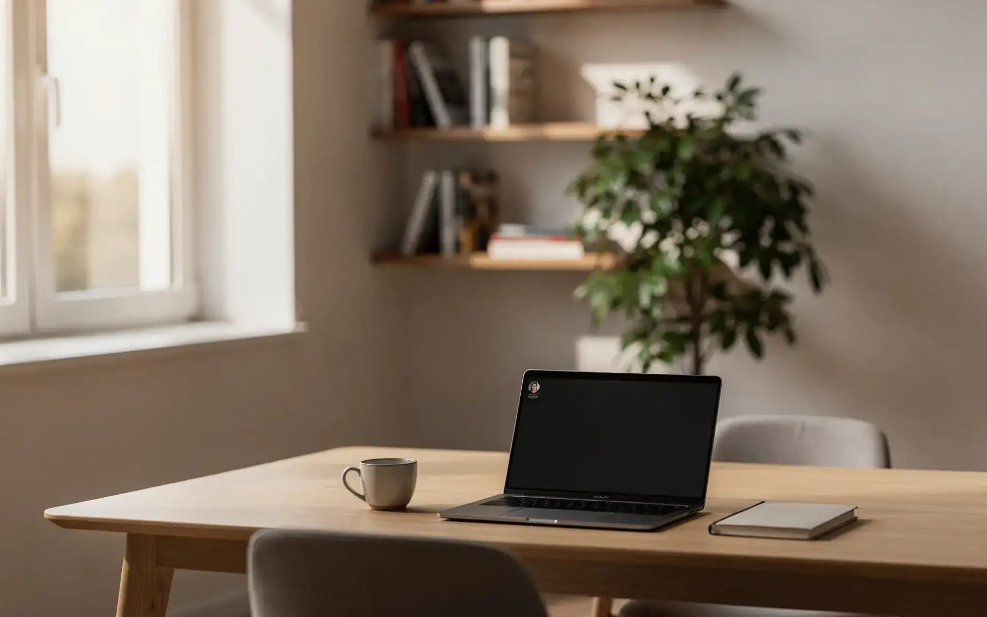 Notebook aberto em uma videochamada sobre mesa de madeira clara, com xícara de café e caderno ao lado, prateleira de livros e planta ao fundo na luz da manhã.