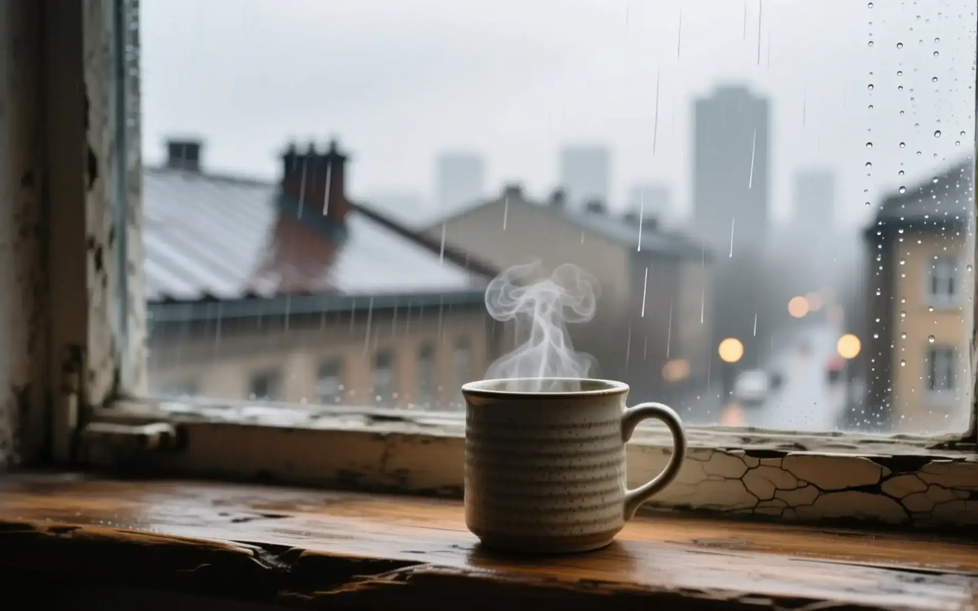 Caneca fumegante no parapeito de janela com gotas de chuva e cidade desfocada, cena sobre ansiedade e coração