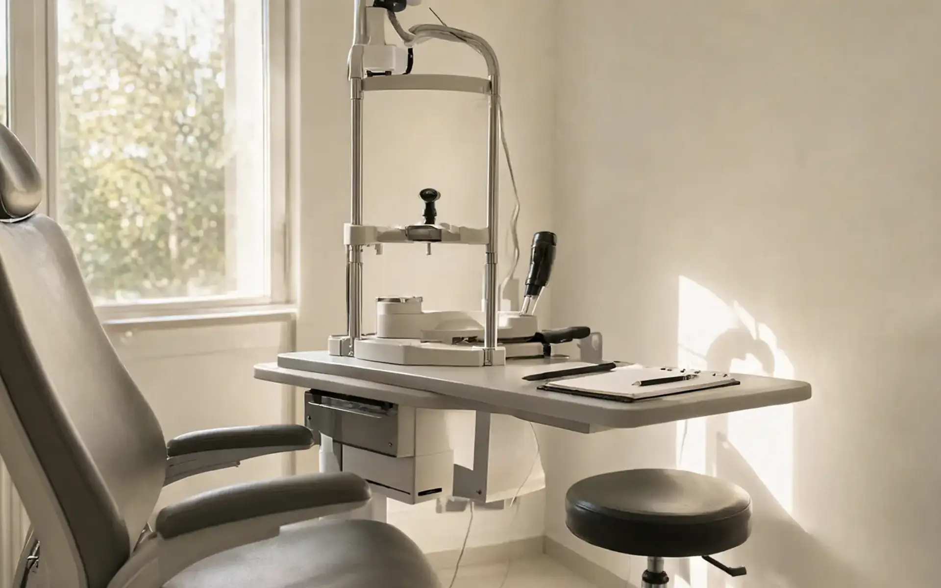 Sala de exame com equipamento de fundo de olho e poltrona vazia, cena sobre avaliação oftalmológica antes da caneta emagrecedora