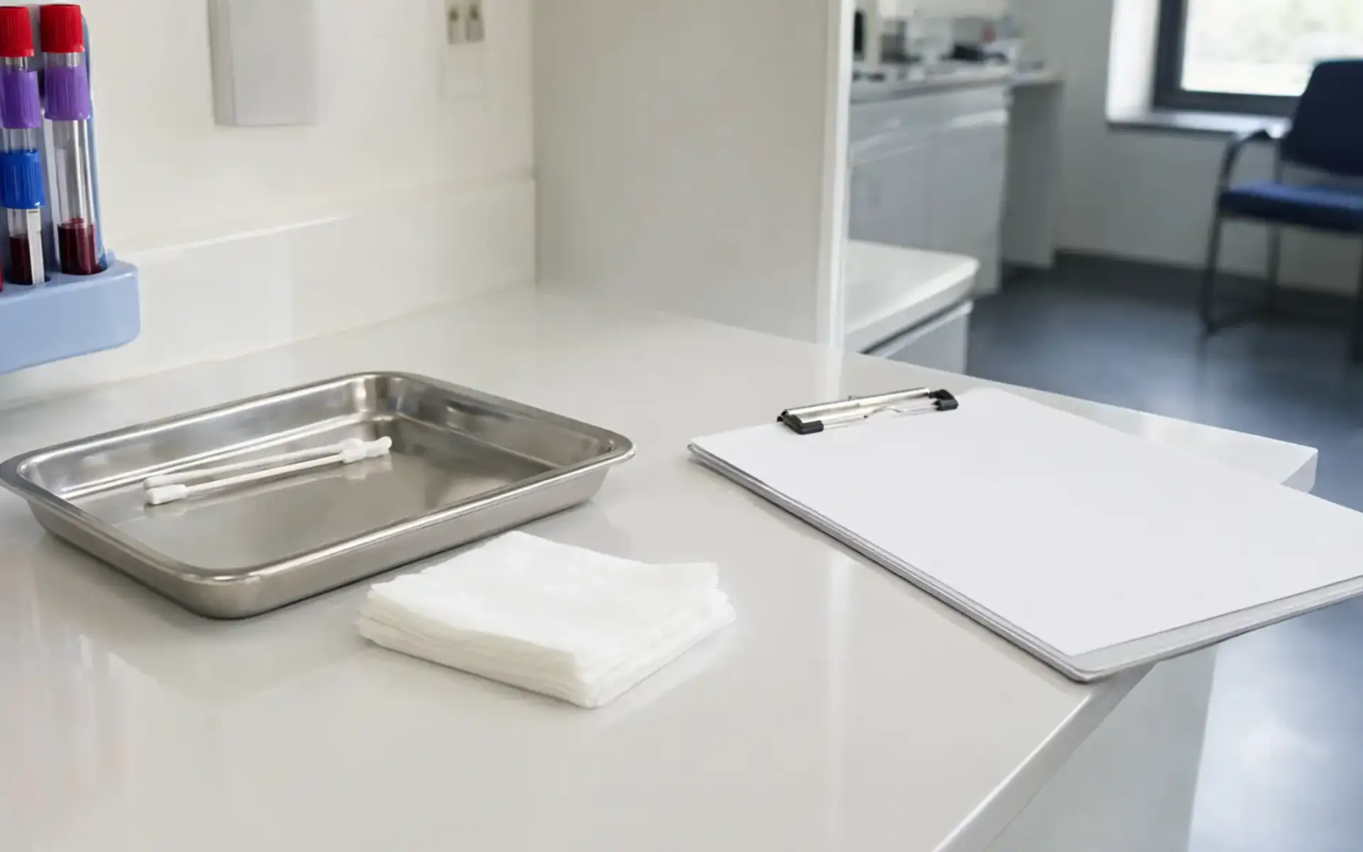 Suporte com tubos de coleta de sangue, algodão e bandeja de inox em sala de coleta, cena sobre biotina e exame de sangue