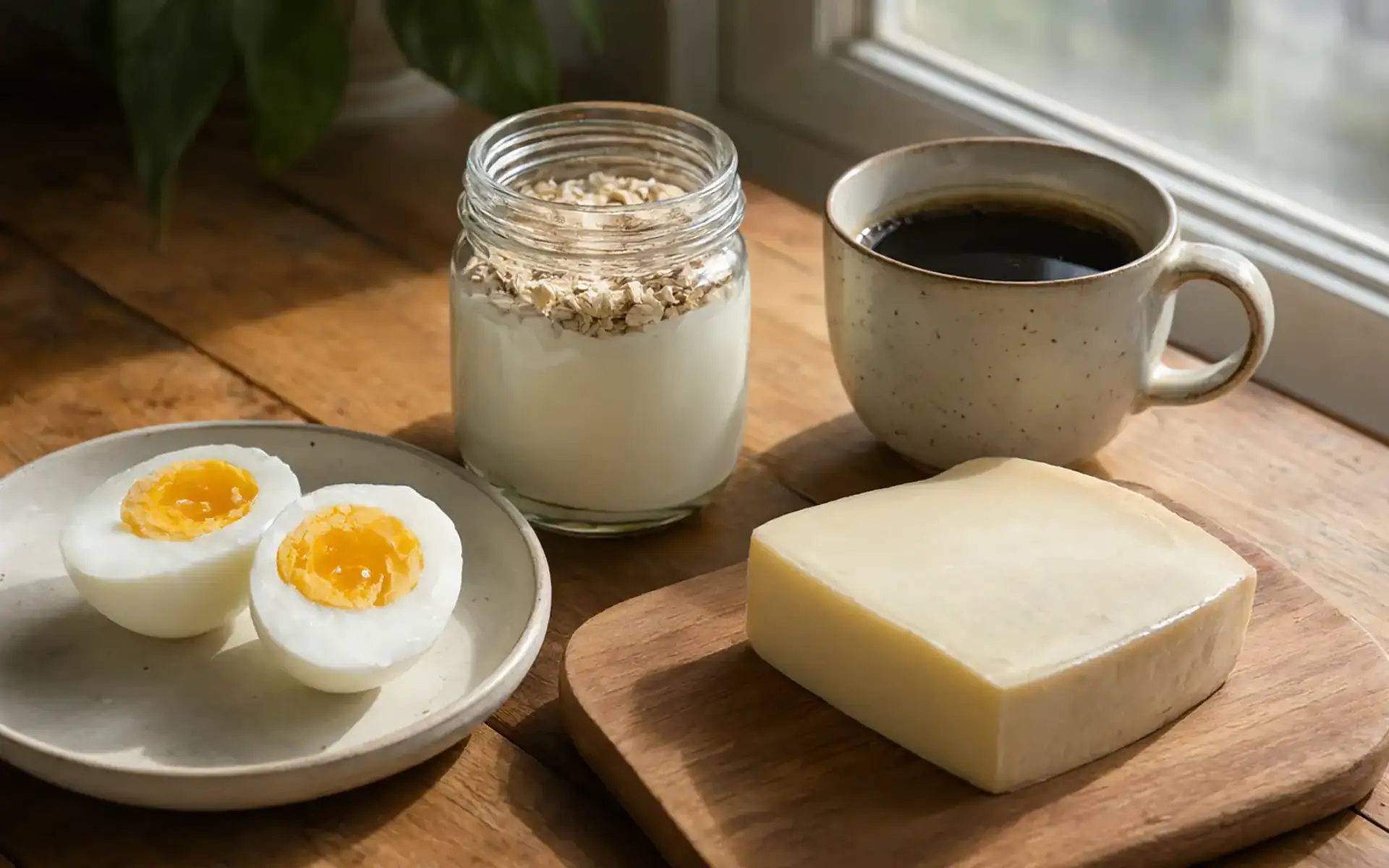 Mesa posta com ovos cozidos, iogurte natural com aveia e queijo branco, cena de café da manhã com proteína para quem está sem fome