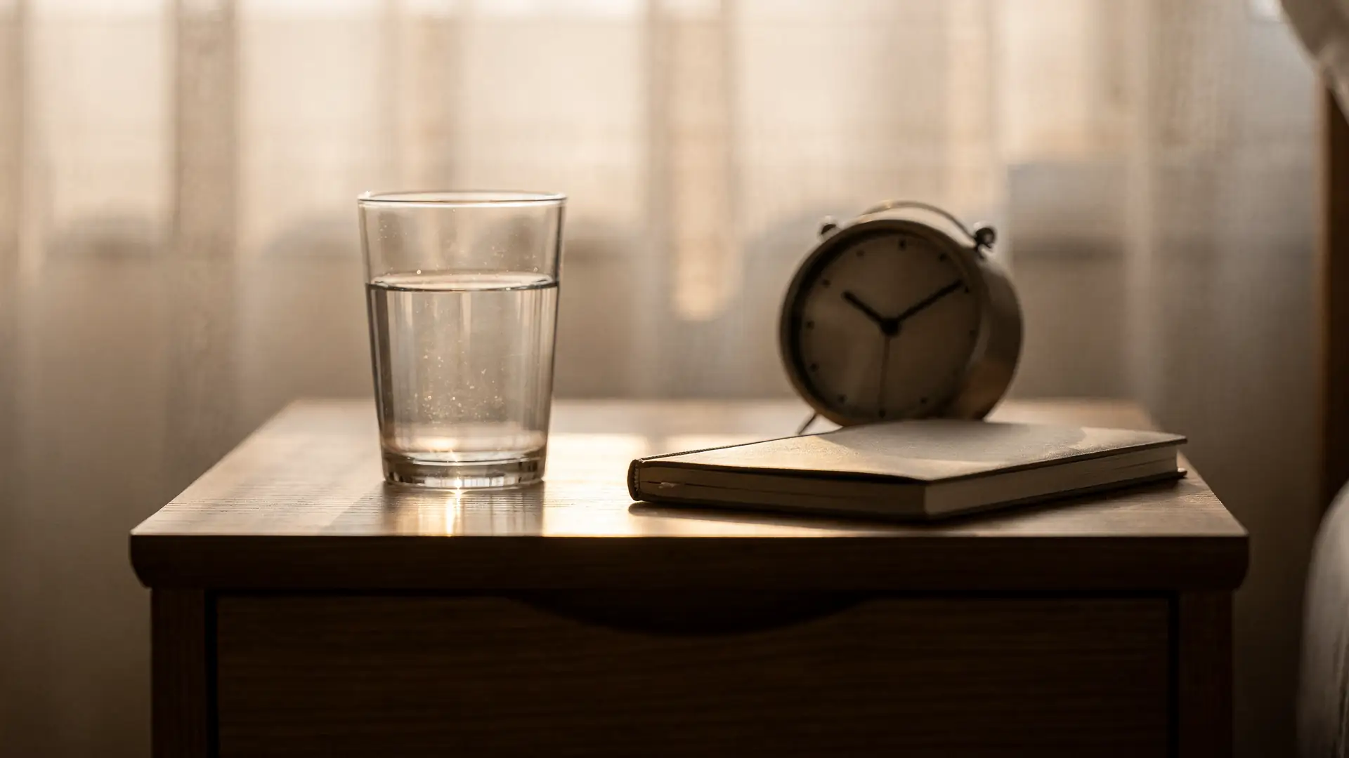 Mesa de cabeceira com copo de agua, despertador analogico e caderno fechado em luz da manha, cena sobre rotina diaria e o efeito da caneta no anticoncepcional