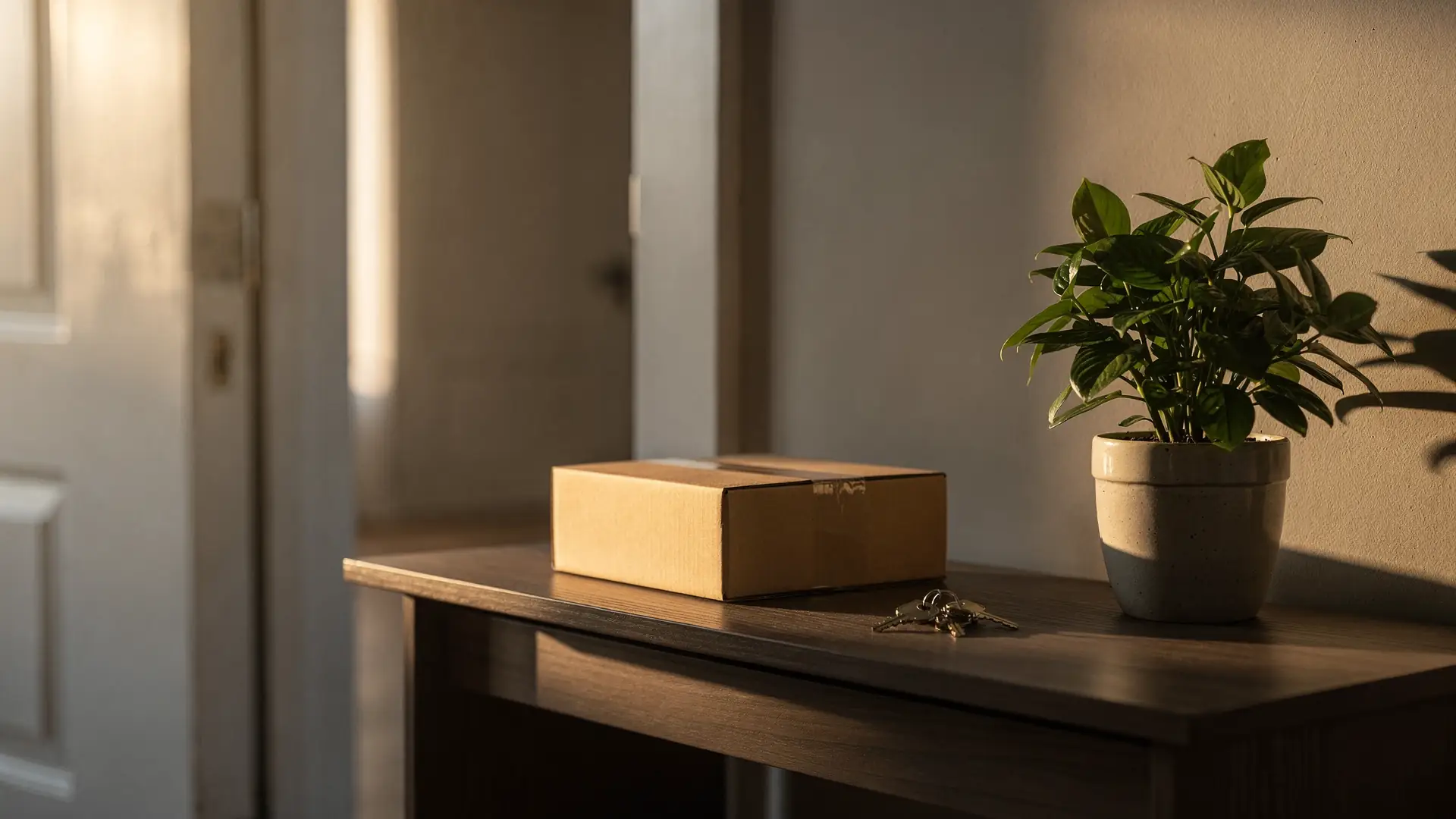 Caixa de papelao pequena e sem marcas sobre mesa de entrada ao lado de chaves e vaso de planta, cena sobre canetas emagrecedoras compradas fora da farmacia