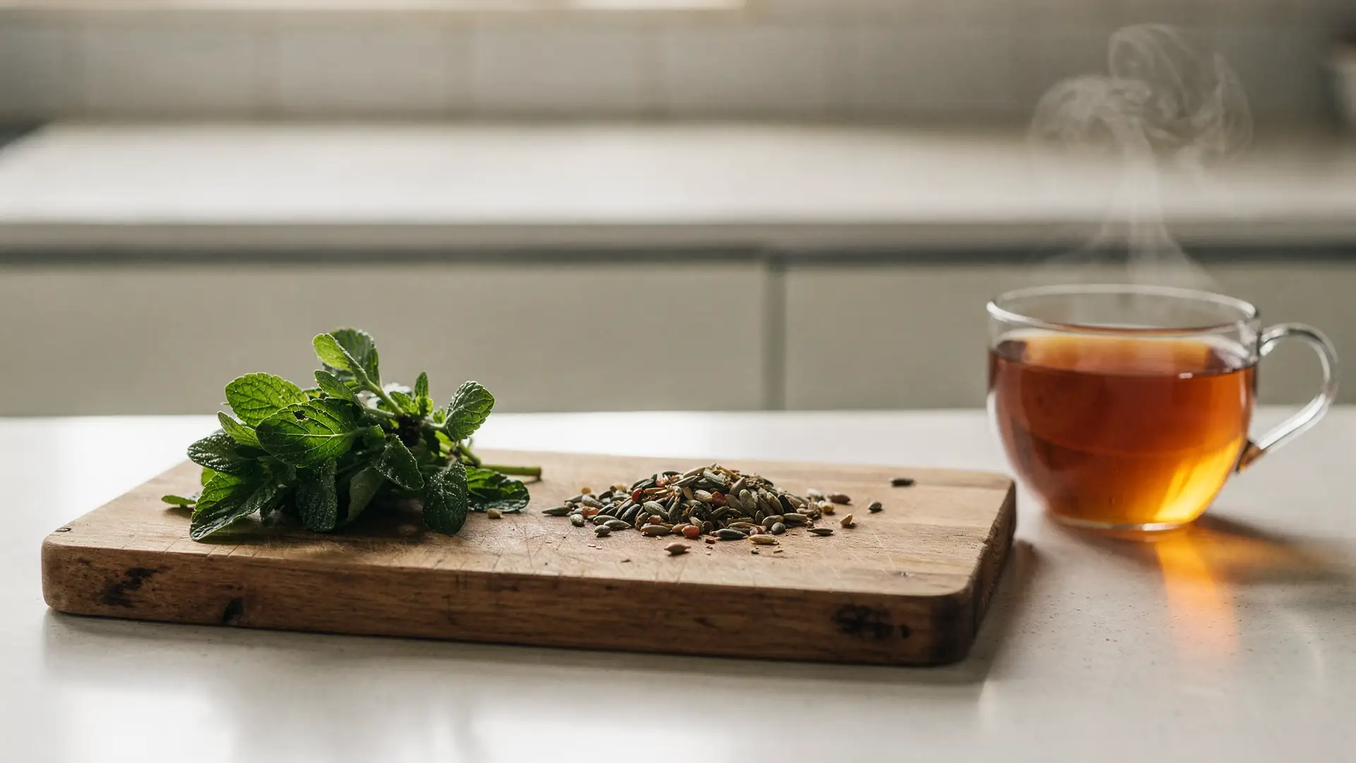 Tabua de madeira com folhas verdes, sementes e xicara de cha de ervas em luz da manha, cena sobre alimentos e a ideia de caneta emagrecedora natural