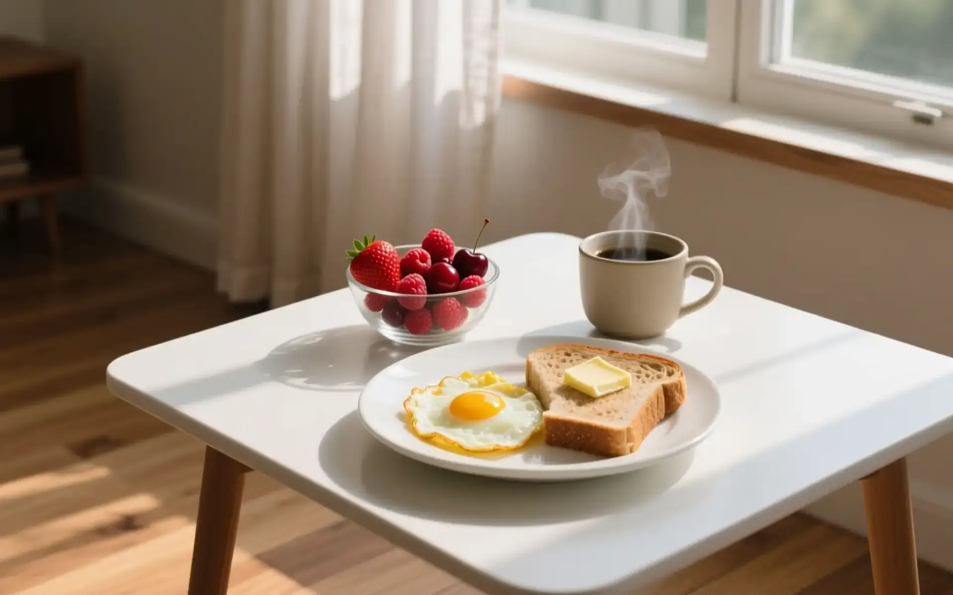 Café da manhã com ovo, torrada integral, frutas vermelhas e café junto à janela, cena sobre a caneta para diabetes tipo 2 e a rotina alimentar
