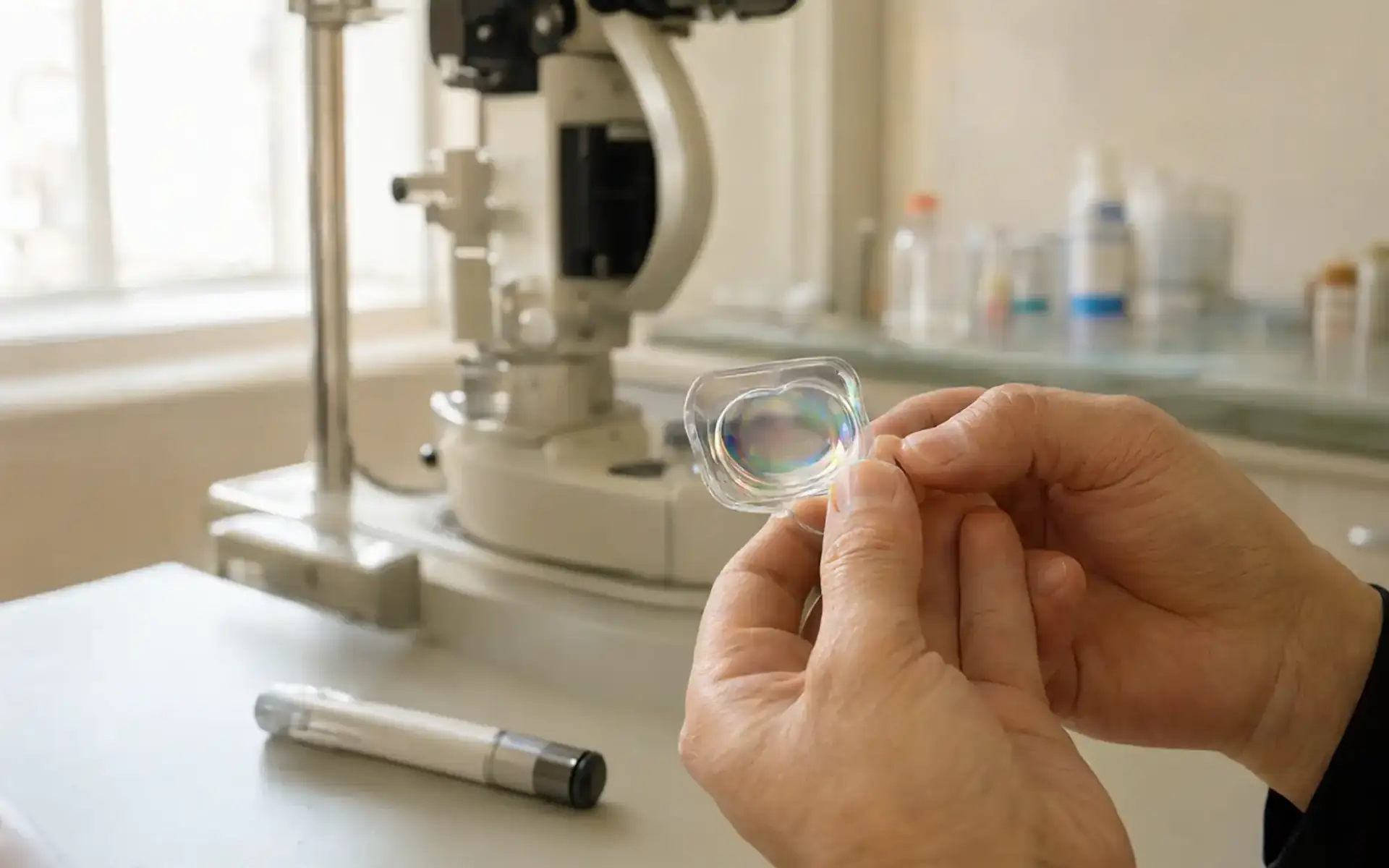 Mãos de médico segurando uma lente de exame dos olhos em consultório claro, com uma caneta de aplicação semanal sobre a mesa, cena sobre perda de visão e canetas emagrecedoras