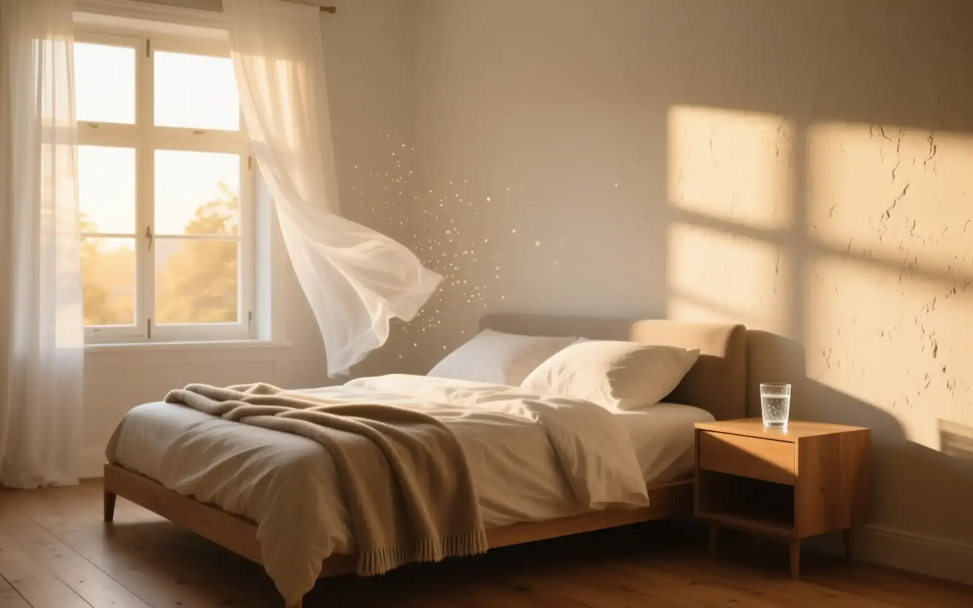 Quarto em luz de fim de tarde com cama arrumada, manta e copo de água no criado-mudo, cena sobre cansaço com caneta emagrecedora