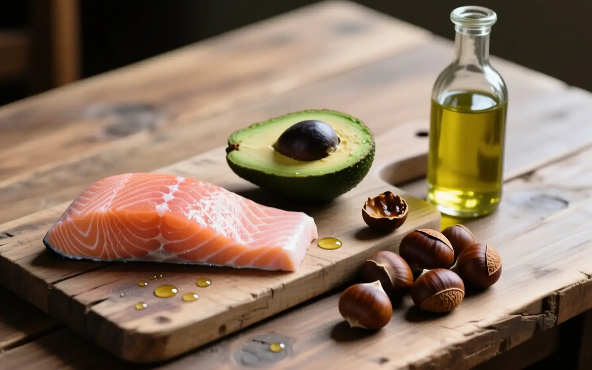 Salmão, abacate, castanhas e azeite sobre tábua de madeira, cena sobre alimentação e colesterol alto