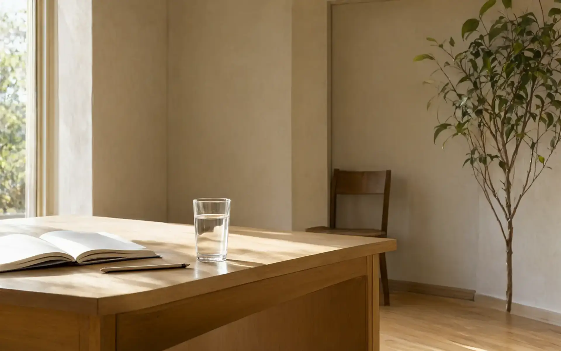 Caderno aberto com páginas em branco e lápis sobre mesa de madeira, com cadeira encostada na parede ao fundo, ambiente claro para acompanhar o emagrecimento.