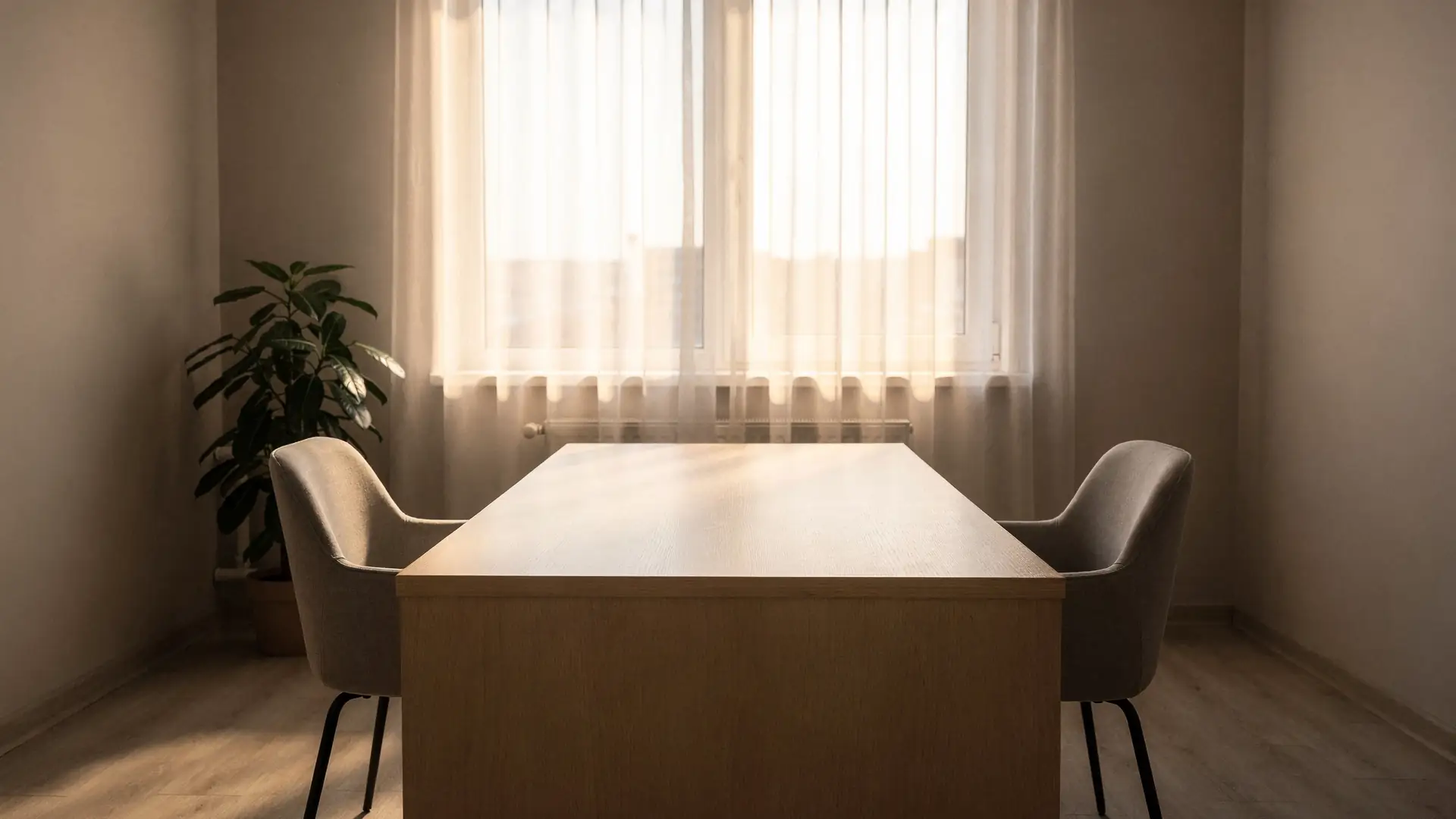 Consultorio com mesa de madeira vazia, duas cadeiras frente a frente e janela ao fundo em luz da manha, cena sobre a primeira consulta do tratamento