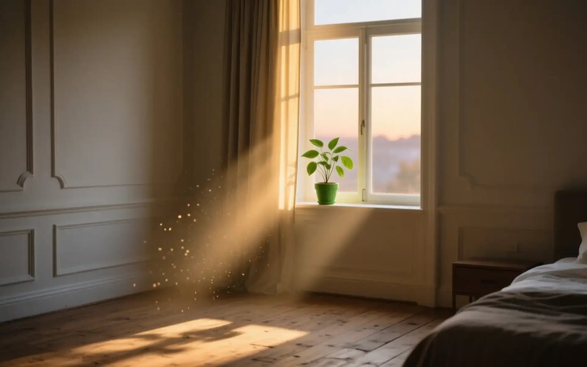 Faixa de sol entrando por cortina entreaberta num quarto em penumbra com planta na janela, cena sobre depressão e coração