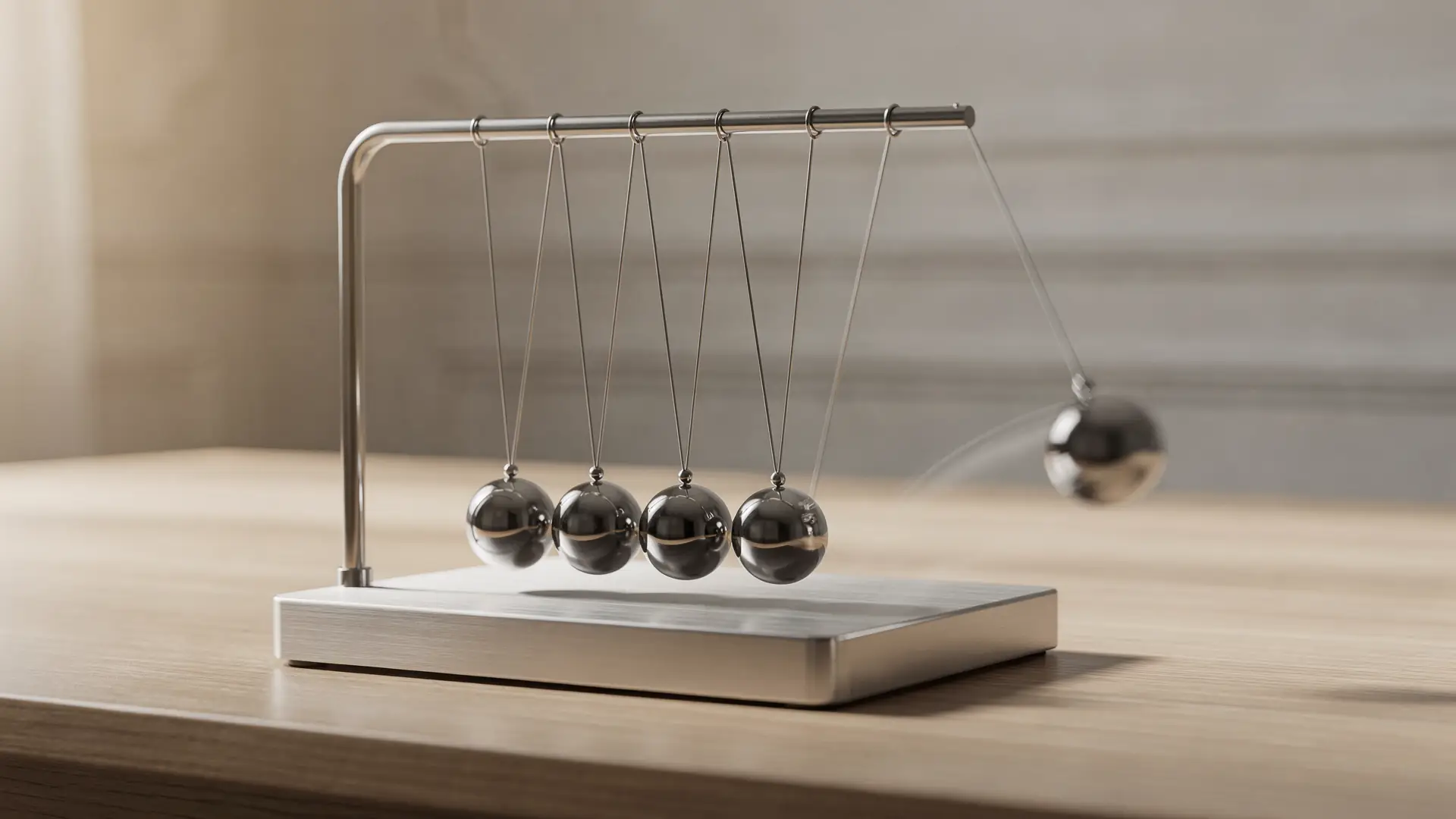 Pendulo de esferas de aco sobre escrivaninha de madeira com uma esfera em movimento, cena sobre o efeito rebote e o retorno do peso