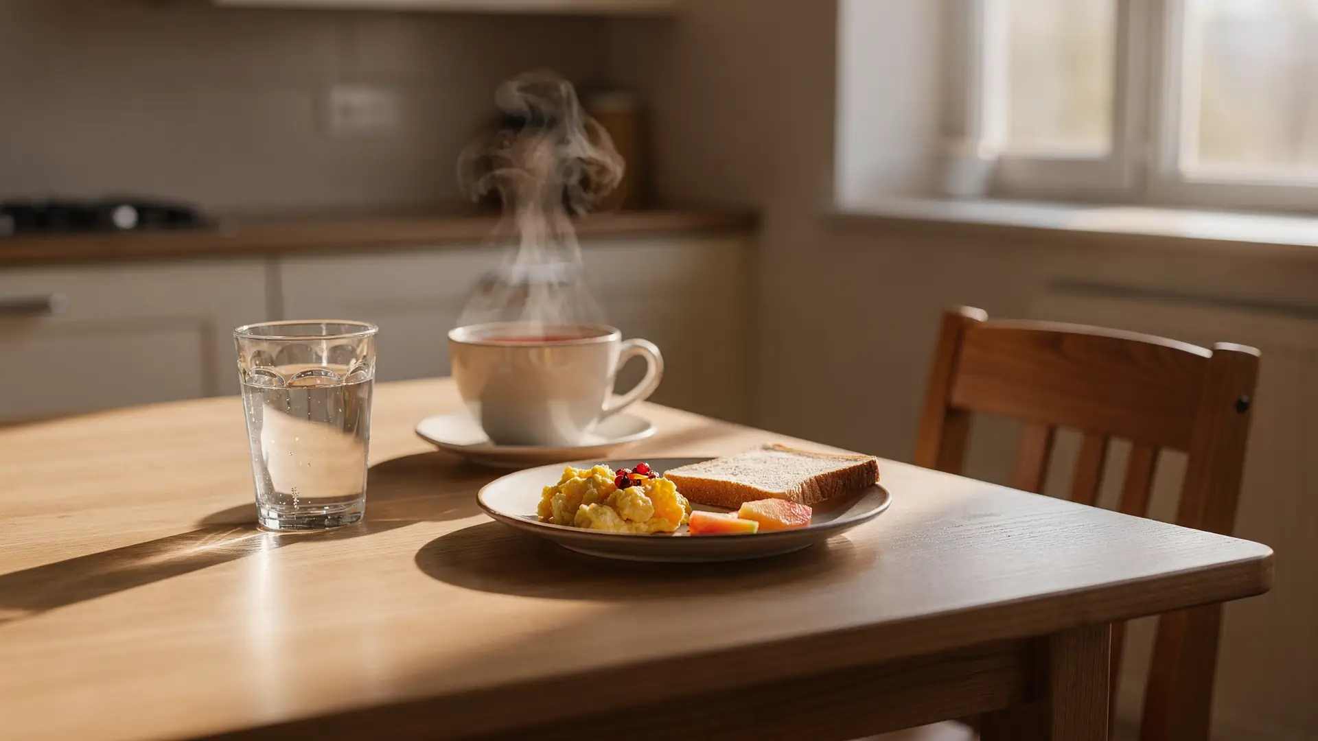 Mesa de cozinha em luz de manha com copo de agua, xicara de cha fumegante e prato de cafe da manha com ovos, torrada e frutas ao lado de uma cadeira vazia, cena sobre o apetite durante o tratamento com caneta emagrecedora
