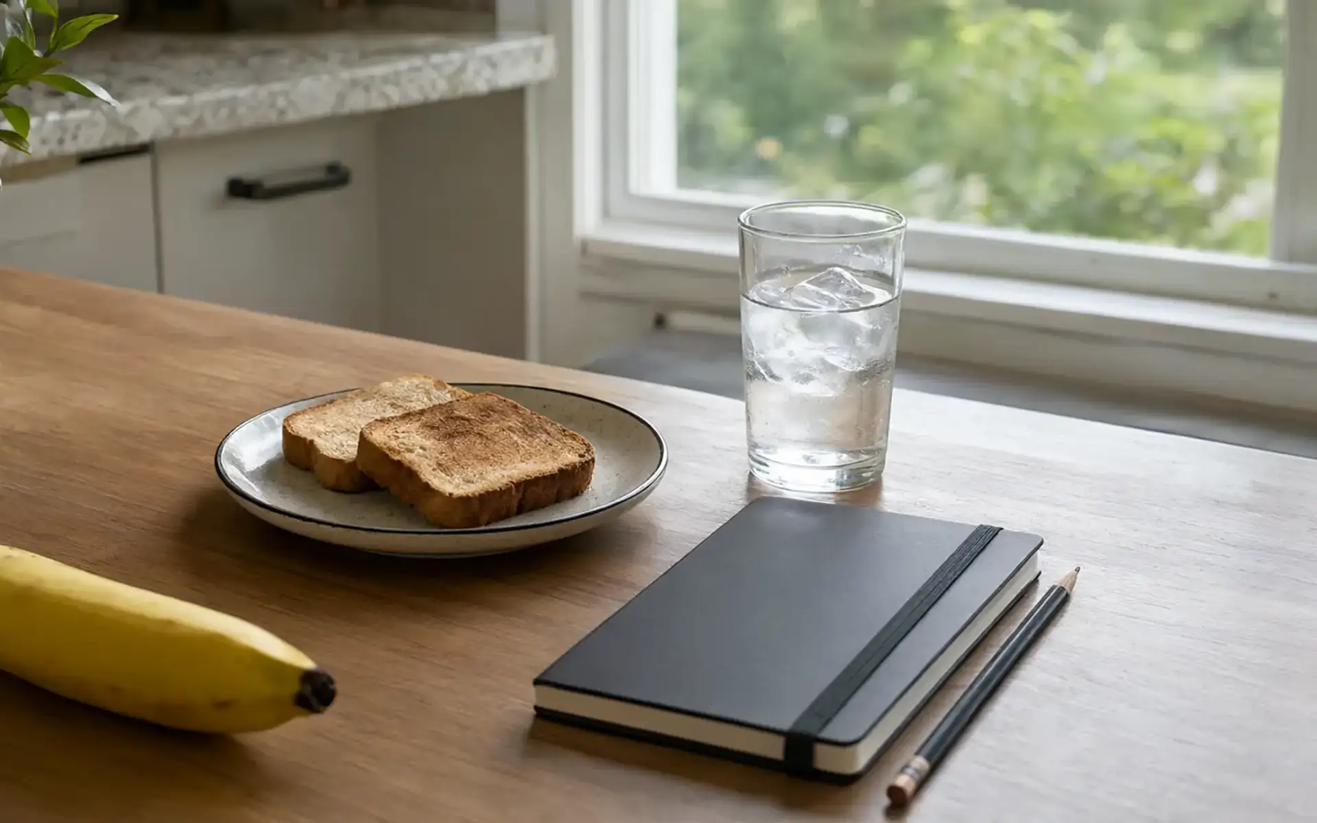Prato pequeno com torradas secas, copo de água, banana e caderno fechado sobre a mesa, cena de preparo para o enjoo depois de aumentar a dose