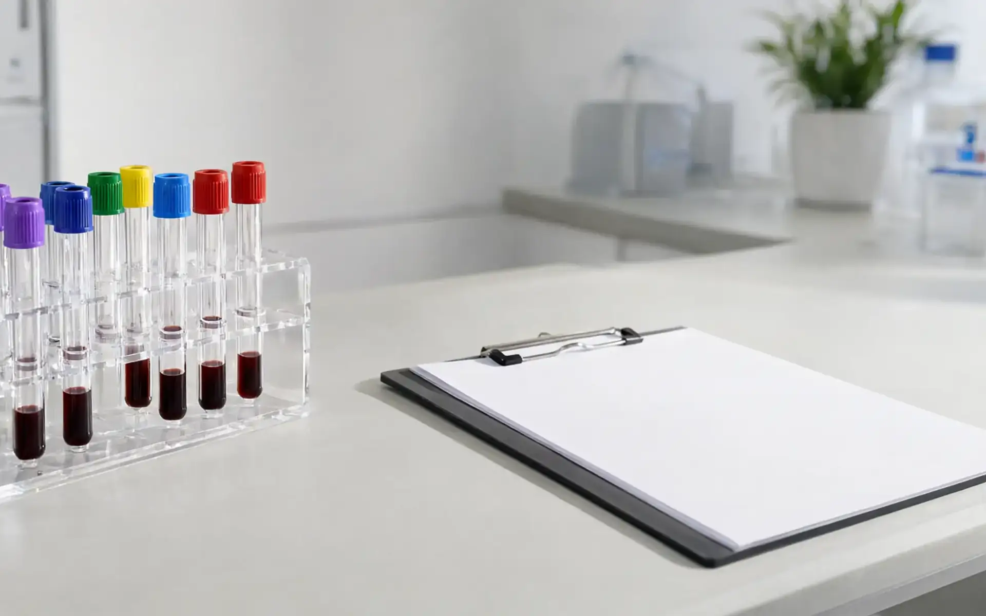 Tubos de coleta de sangue em suporte sobre bancada de laboratório, cena dos exames antes de começar o tratamento da obesidade
