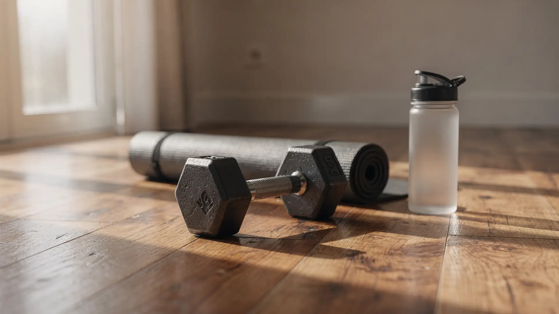 Halteres de ferro no chao ao lado de tapete de treino enrolado e garrafa de agua em sala com luz de manha, cena sobre o treino de forca durante o tratamento