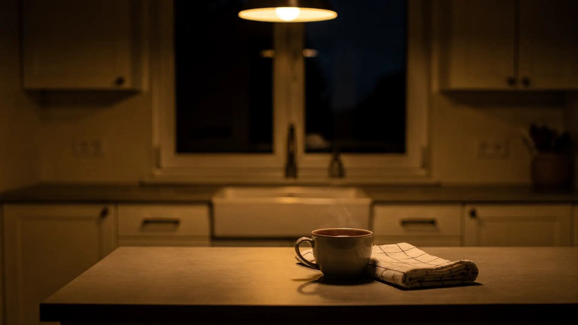 Xicara de cha pela metade sobre bancada de cozinha a noite com luz quente refletida na janela escura, cena sobre fome emocional no fim do dia