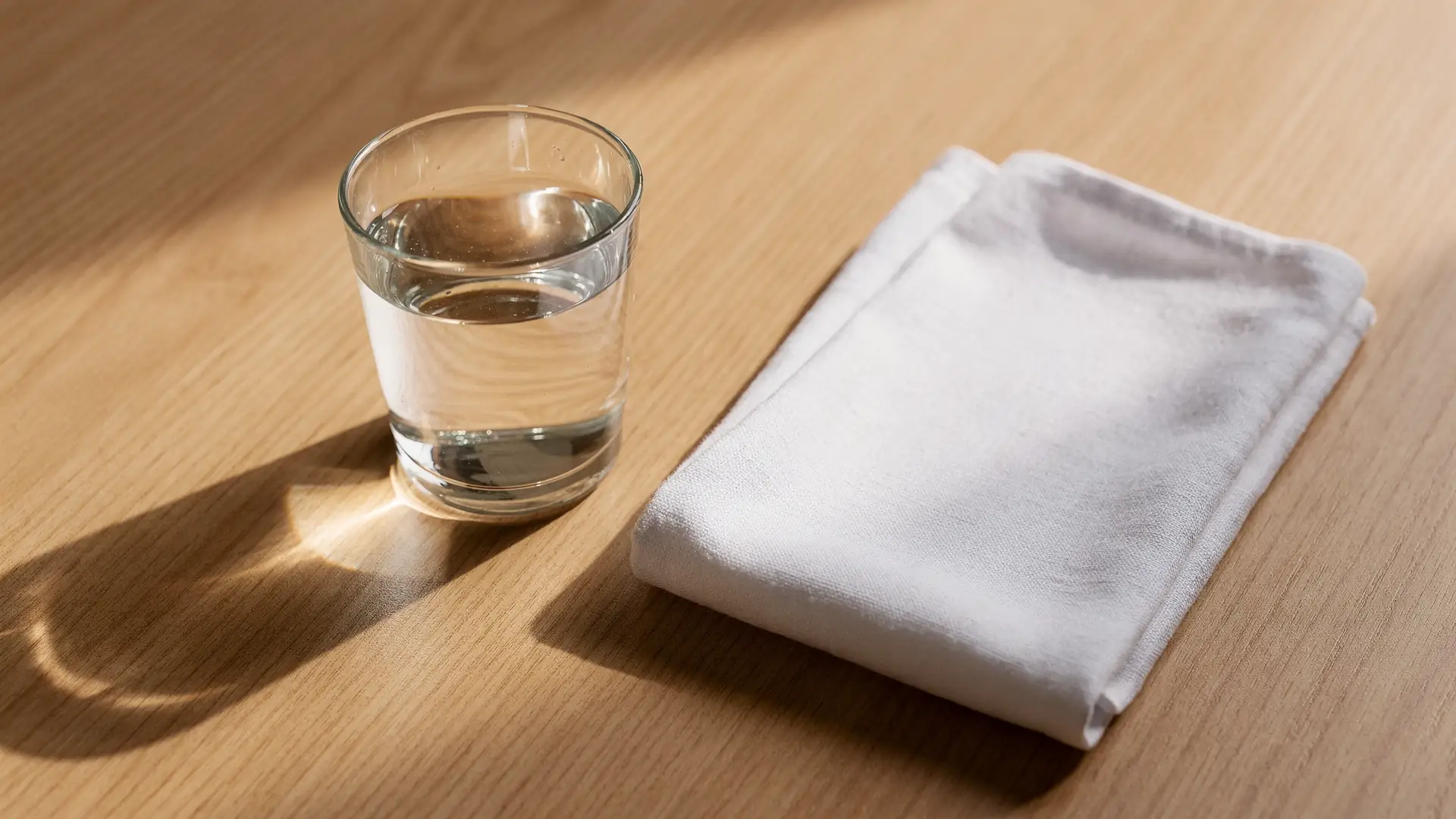 Mesa de madeira clara com copo de agua e pano dobrado em luz lateral, cena sobre os riscos de fracionar a caneta por conta propria