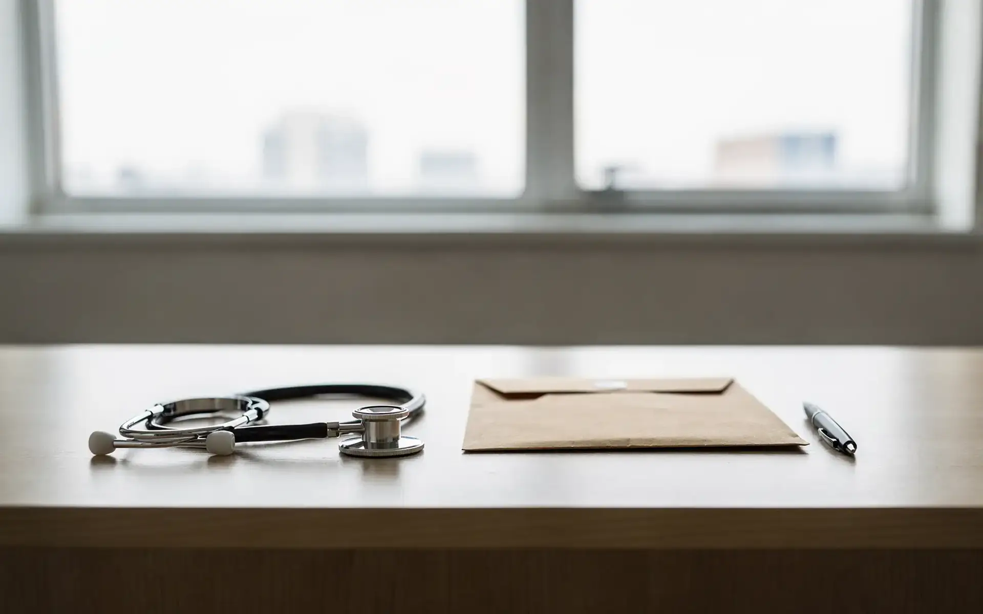 Estetoscópio, envelope de exames fechado e caneta sobre a mesa de um consultório, com luz natural da manhã ao fundo.