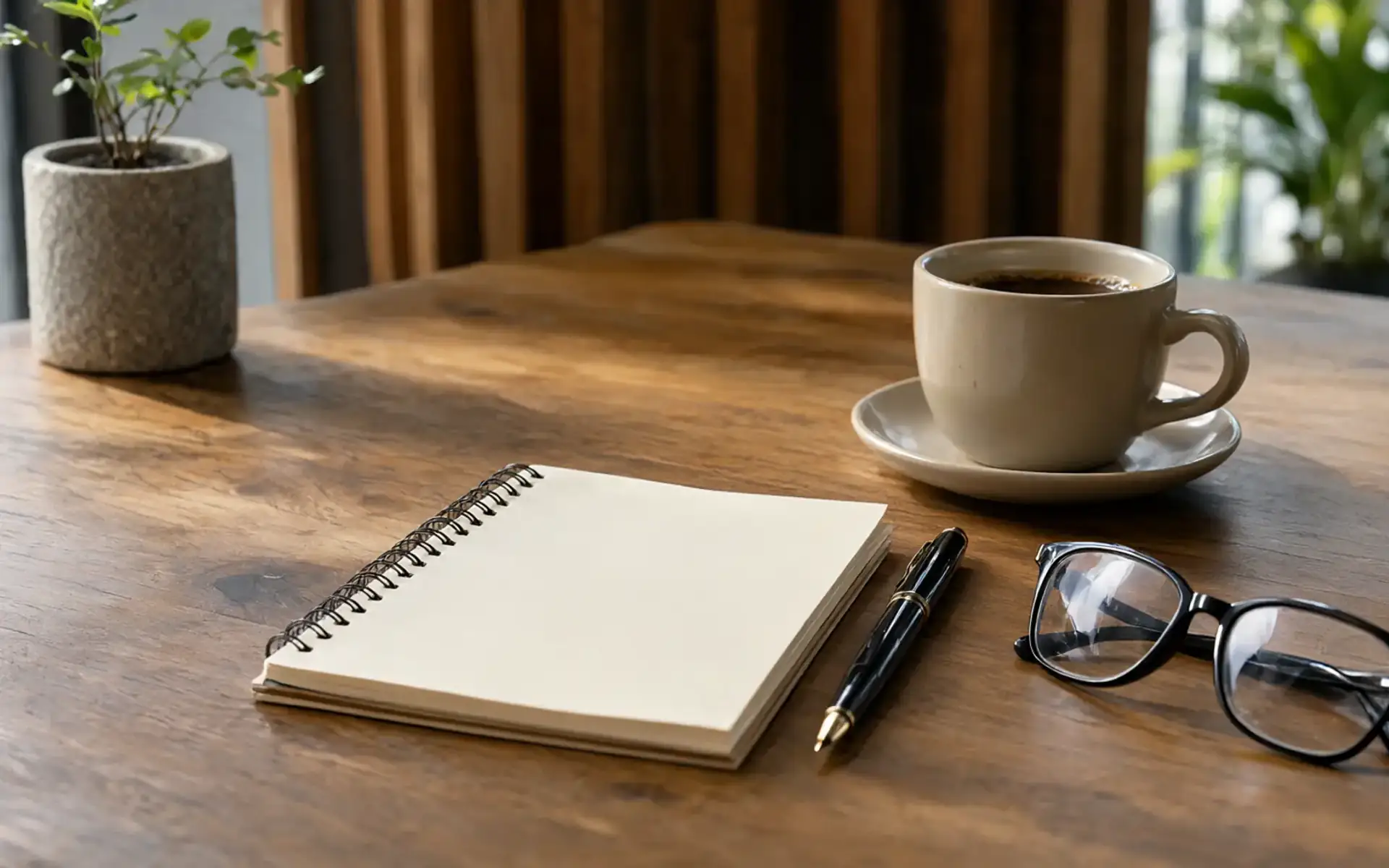 Bloco de notas em branco, caneta e óculos sobre mesa de consultório, cena sobre o IMC e o que um número sozinho não mostra