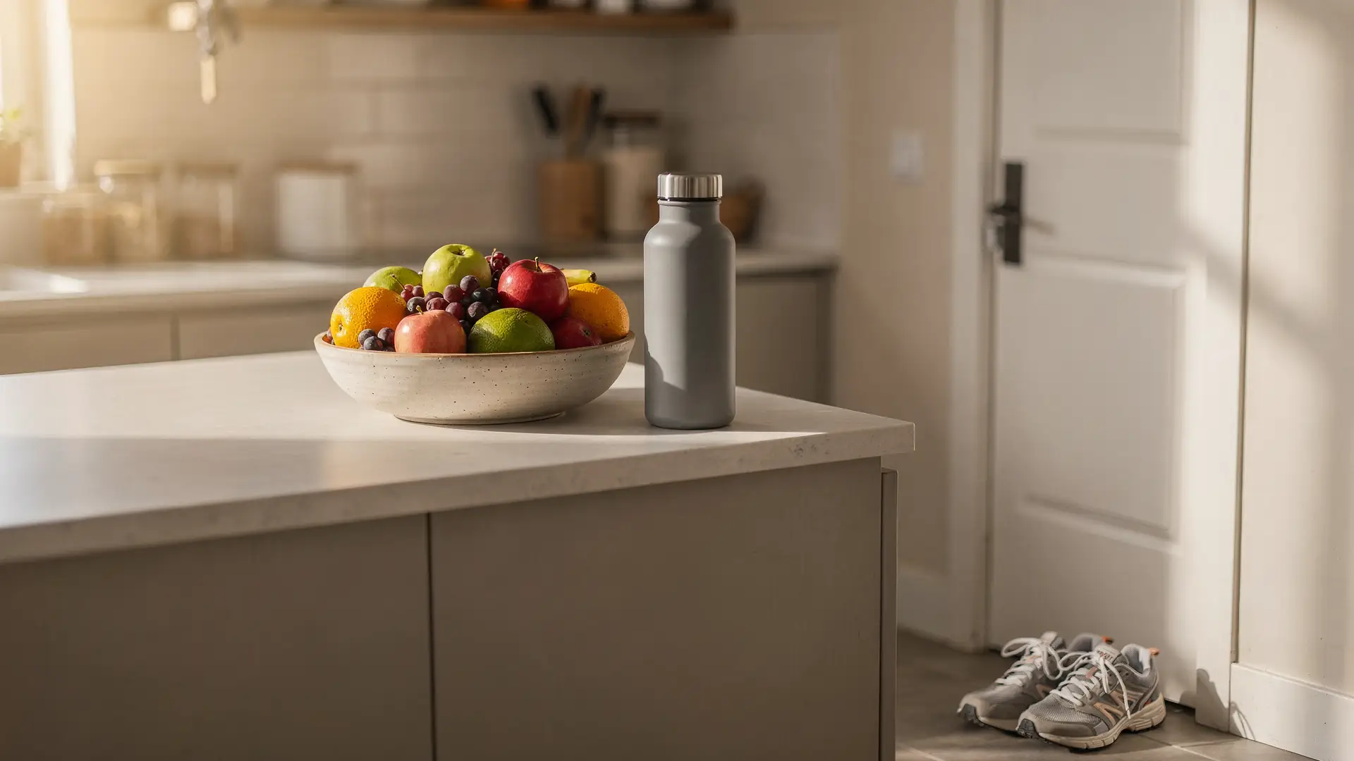 Bancada de cozinha com fruteira, garrafa de agua reutilizavel e tenis de caminhada junto a porta em luz de manha, cena sobre a rotina de manutencao depois da meta