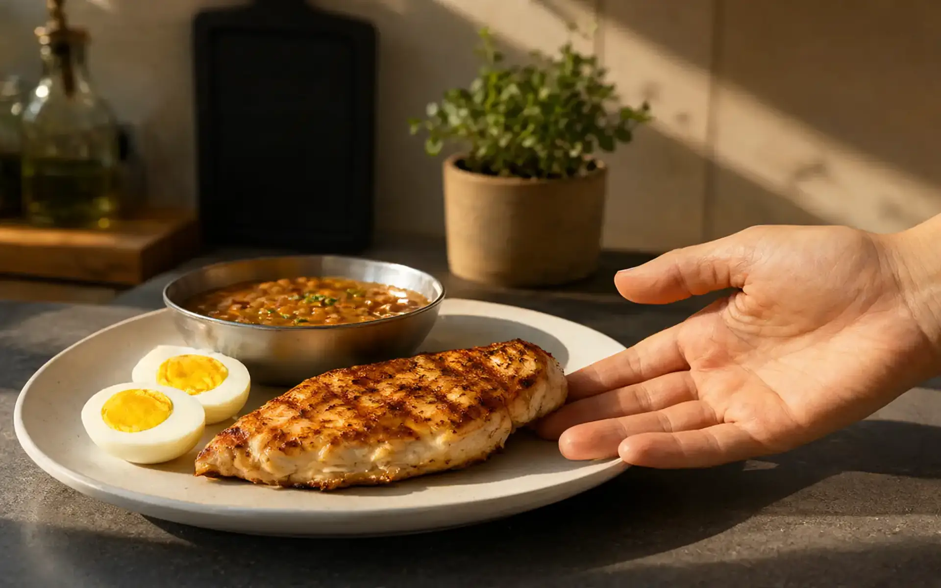 Mão aberta ao lado de um filé de frango grelhado, lentilha e ovos cozidos num prato, cena de como medir proteína sem balança