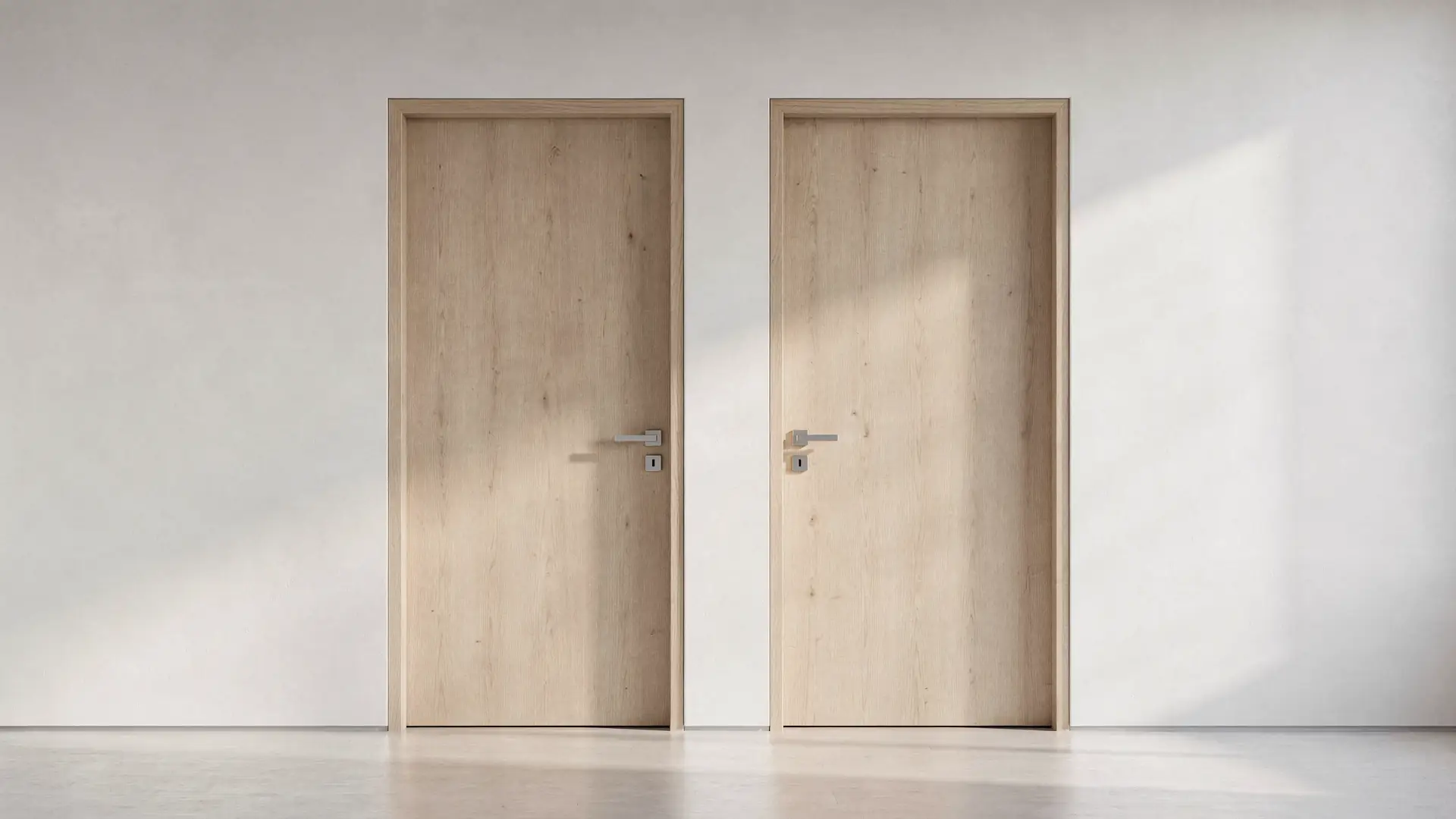 Duas portas de madeira identicas lado a lado em parede branca sob luz levemente diferente, cena sobre a mesma substancia em duas conversas clinicas distintas