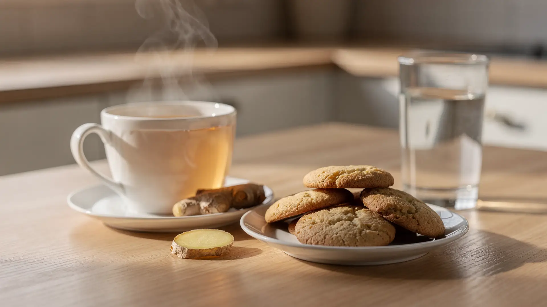 Xicara de cha de gengibre, pratinho com biscoitos simples e copo de agua sobre mesa de cozinha em luz da manha, cena sobre o manejo do enjoo no inicio do tratamento