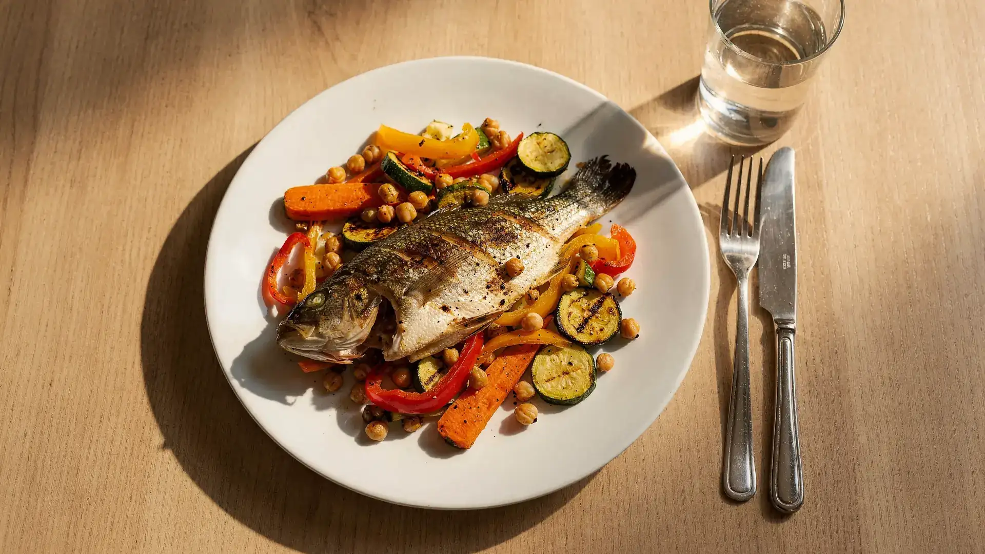 Prato branco visto de cima com peixe grelhado, legumes assados e grao de bico ao lado de talheres e copo de agua, cena sobre a alimentacao durante o tratamento