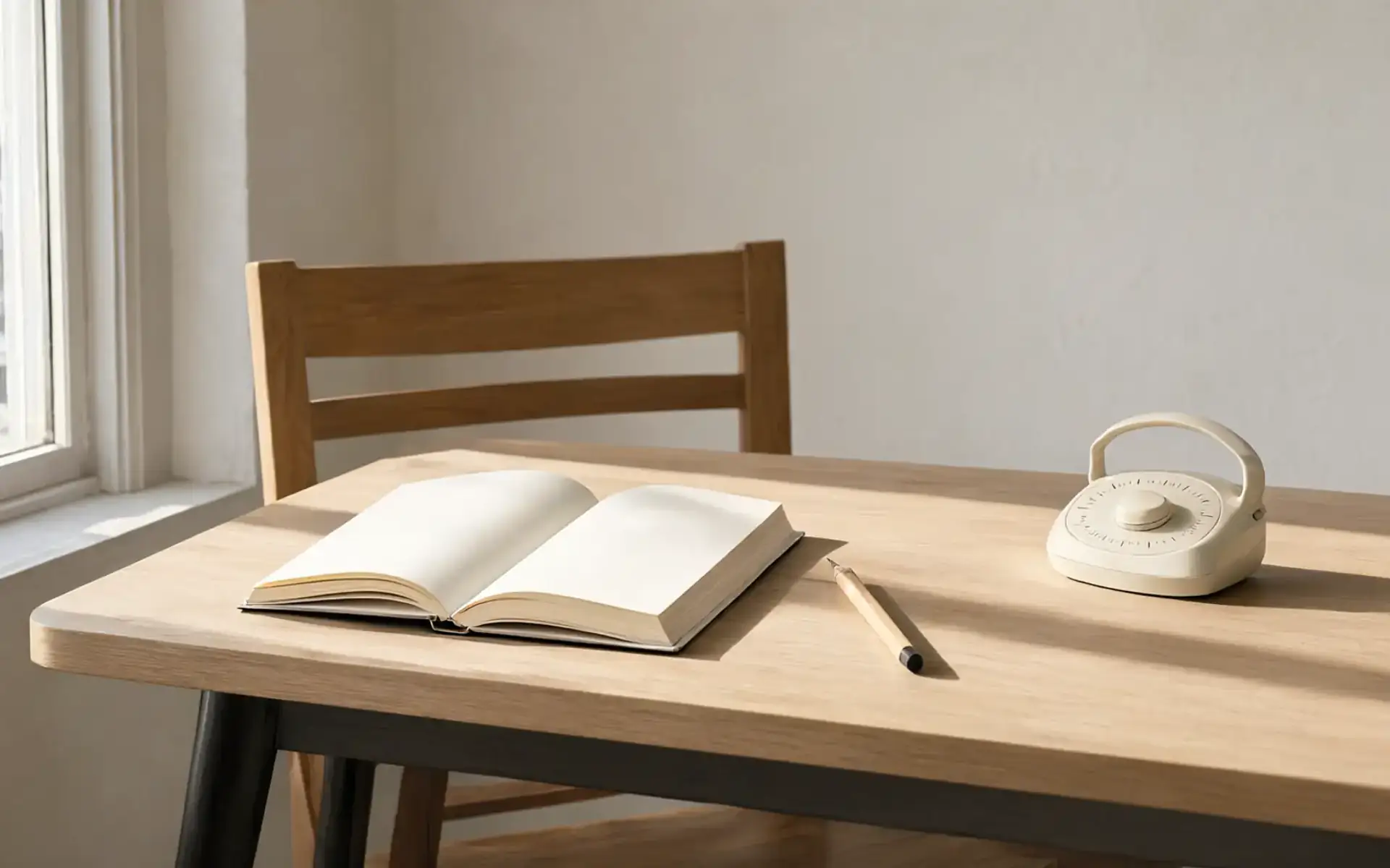 Caderno em branco, lápis e cronômetro sobre uma mesa, cena sobre o que medir antes de começar a caneta emagrecedora