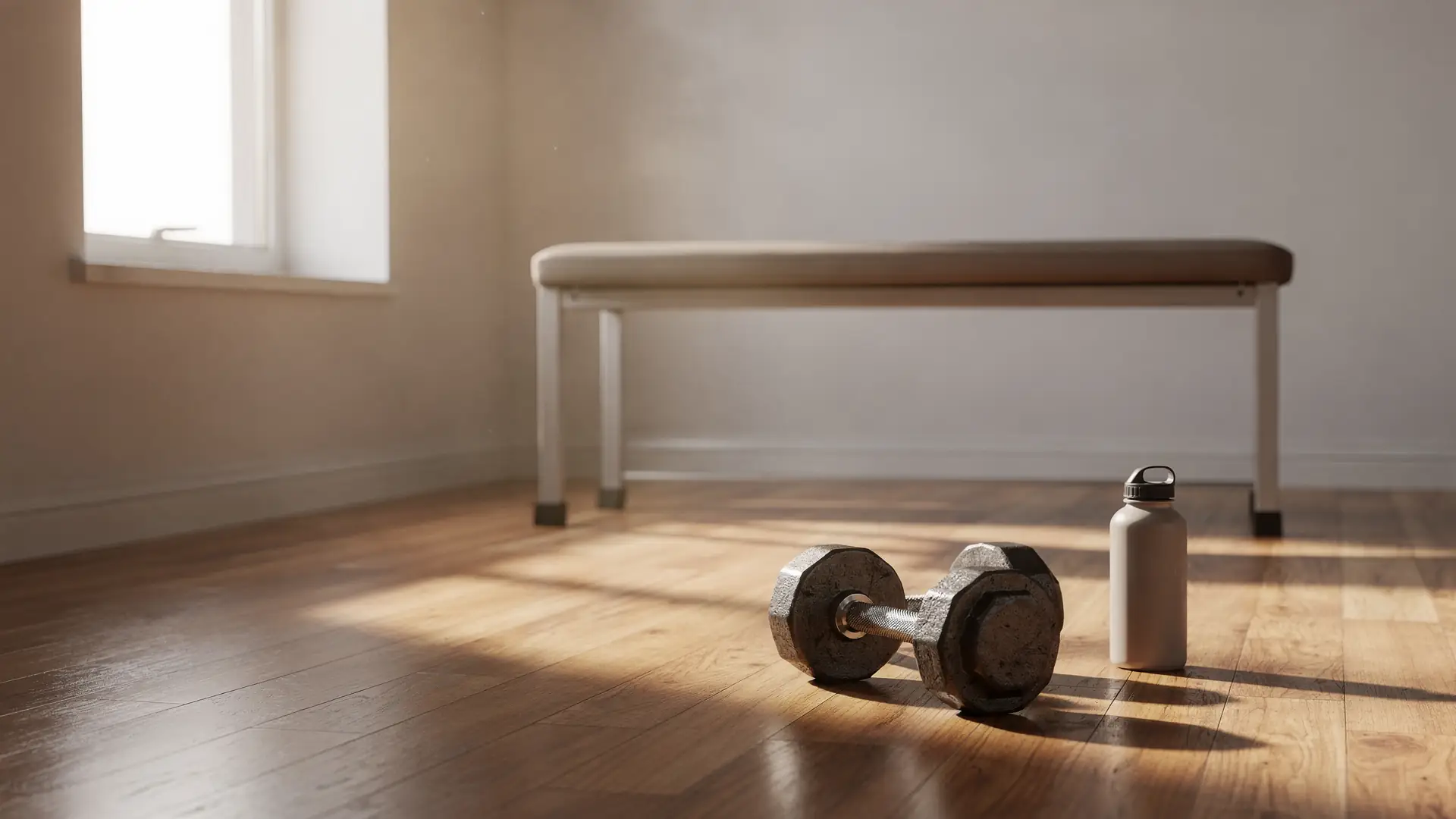 Halteres de ferro no chao ao lado de banco de treino e garrafa de agua em academia com luz de manha, cena sobre preservar massa muscular durante a perda de peso