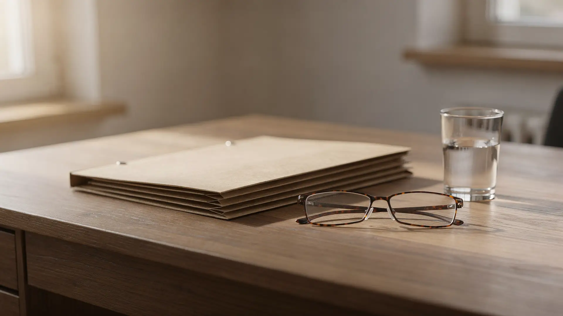 Pasta sanfonada de papel kraft fechada, oculos de leitura e copo de agua sobre mesa de escritorio em luz difusa, cena sobre entender as regras de cobertura do plano