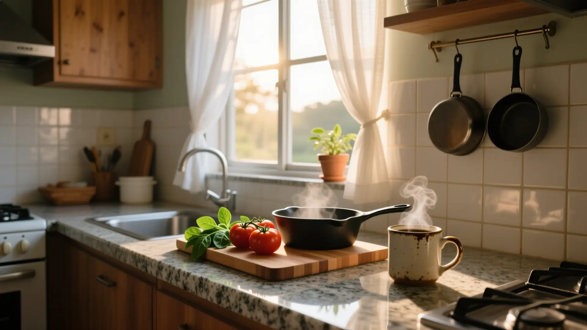 Bancada de cozinha doméstica com legumes e uma xícara de café na luz da manhã, ilustrando a rotina em que uma dieta precisa sobreviver.