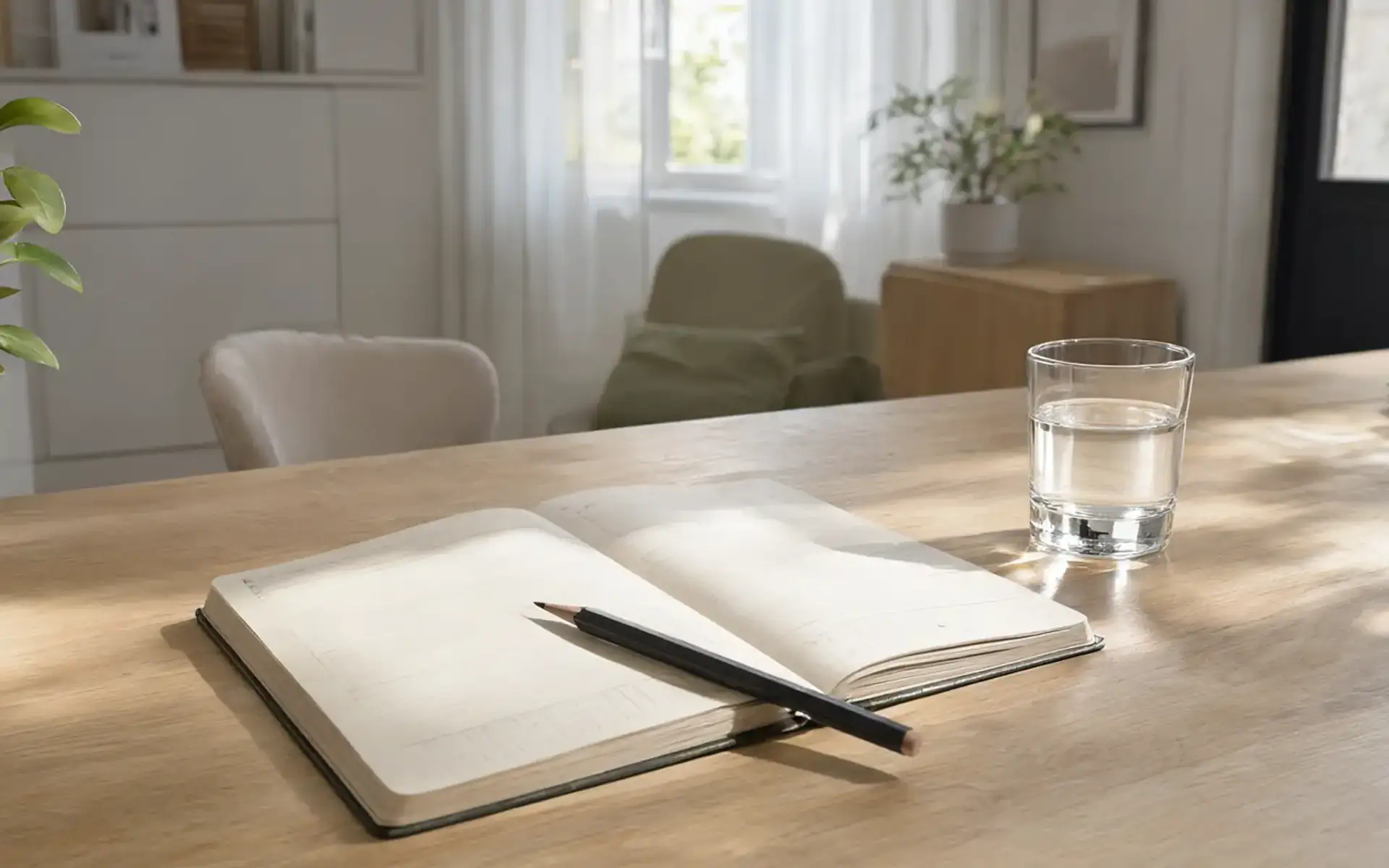 Agenda de papel aberta ao lado de um lápis e um copo de água sobre uma mesa de consultório, cena sobre planejar a hora de parar a caneta emagrecedora