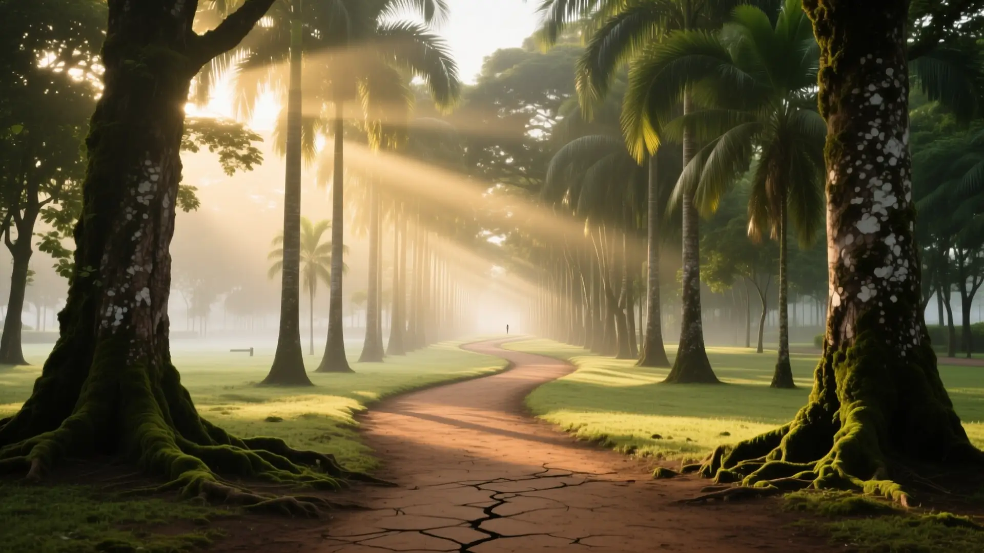 Trilha longa e arborizada de parque na luz da manhã, imagem que representa um percurso de tempo em vez de um atalho.