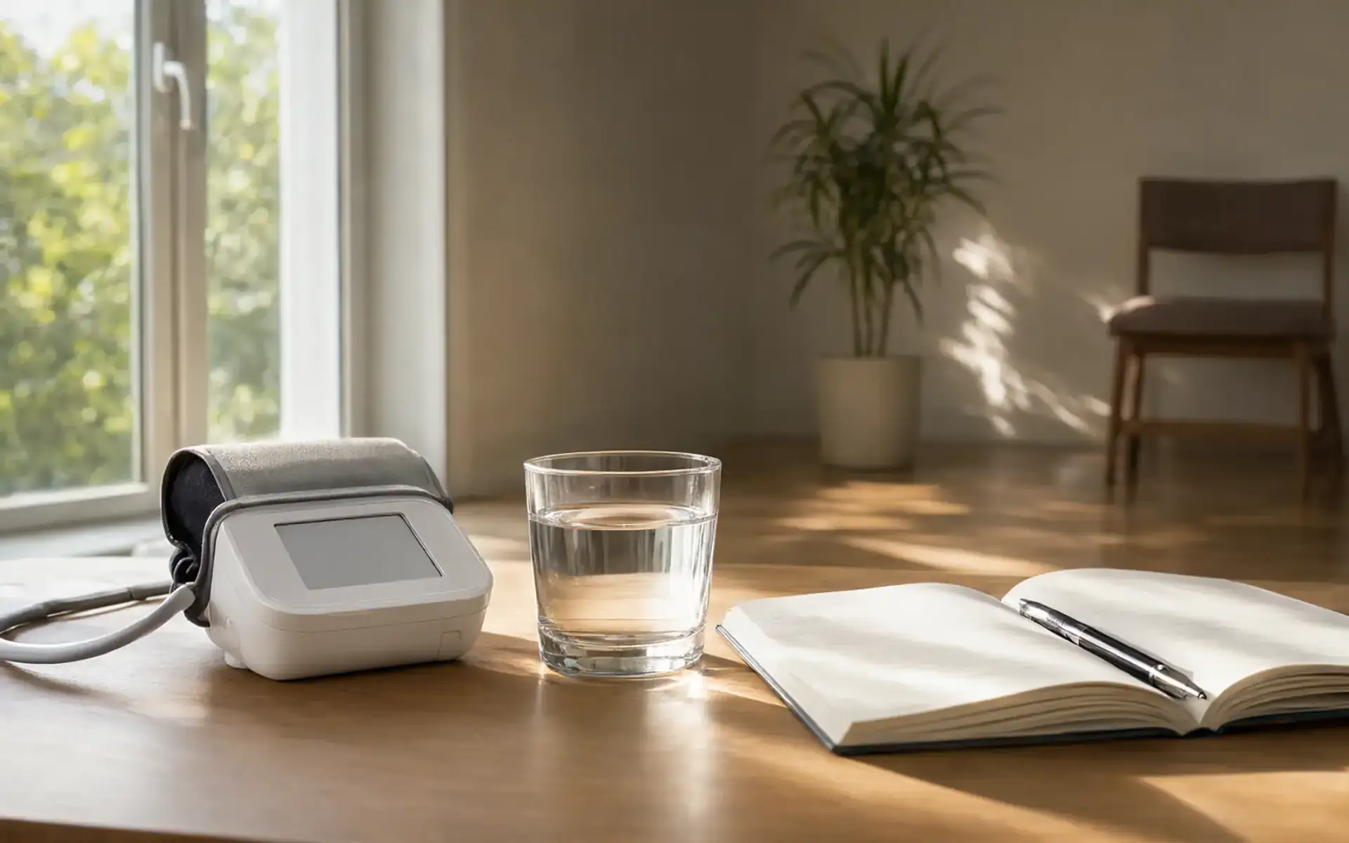 Aparelho digital de pressão de braço sobre uma mesa de madeira ao lado de um caderno e de um copo de água, cena sobre pressão alta que não dá sintoma