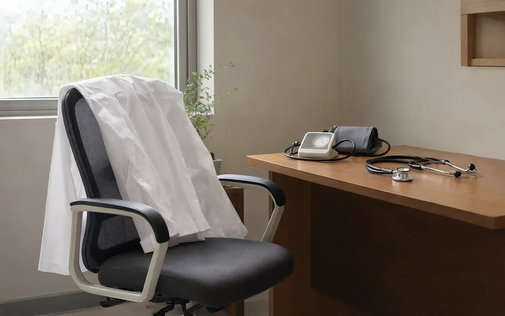 Jaleco branco sobre uma cadeira e aparelho de pressão sobre a mesa de uma sala de consulta vazia, cena que remete à pressão do avental branco