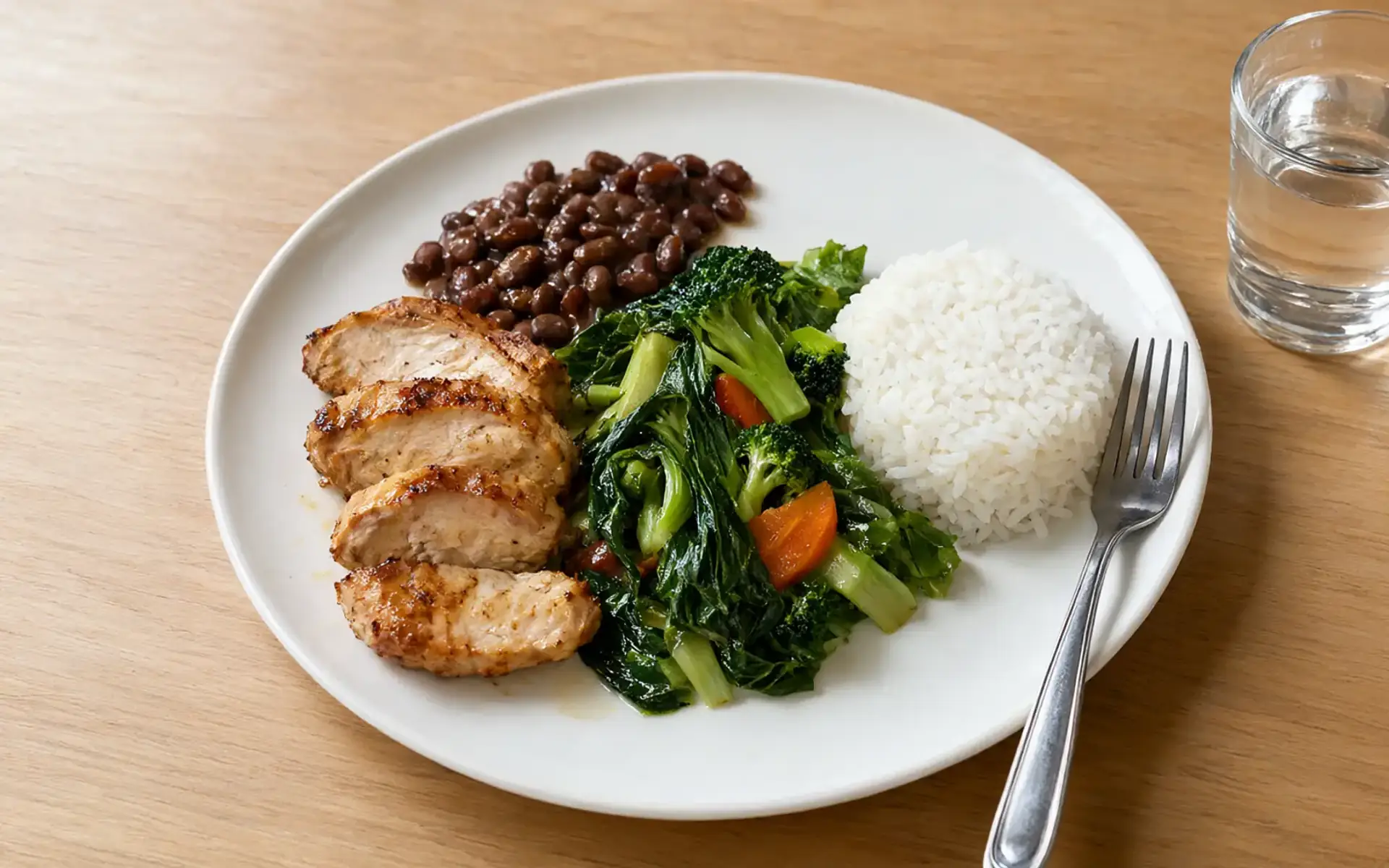 Prato visto de cima com frango e feijão, legumes e uma porção pequena de arroz, cena sobre a ordem do prato com a proteína primeiro