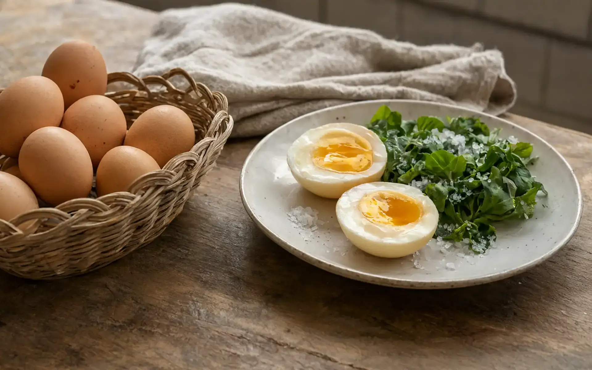 Cesta de vime com ovos e prato com ovos cozidos e salada numa bancada de cozinha, cena sobre quantos ovos por dia cabem na alimentação