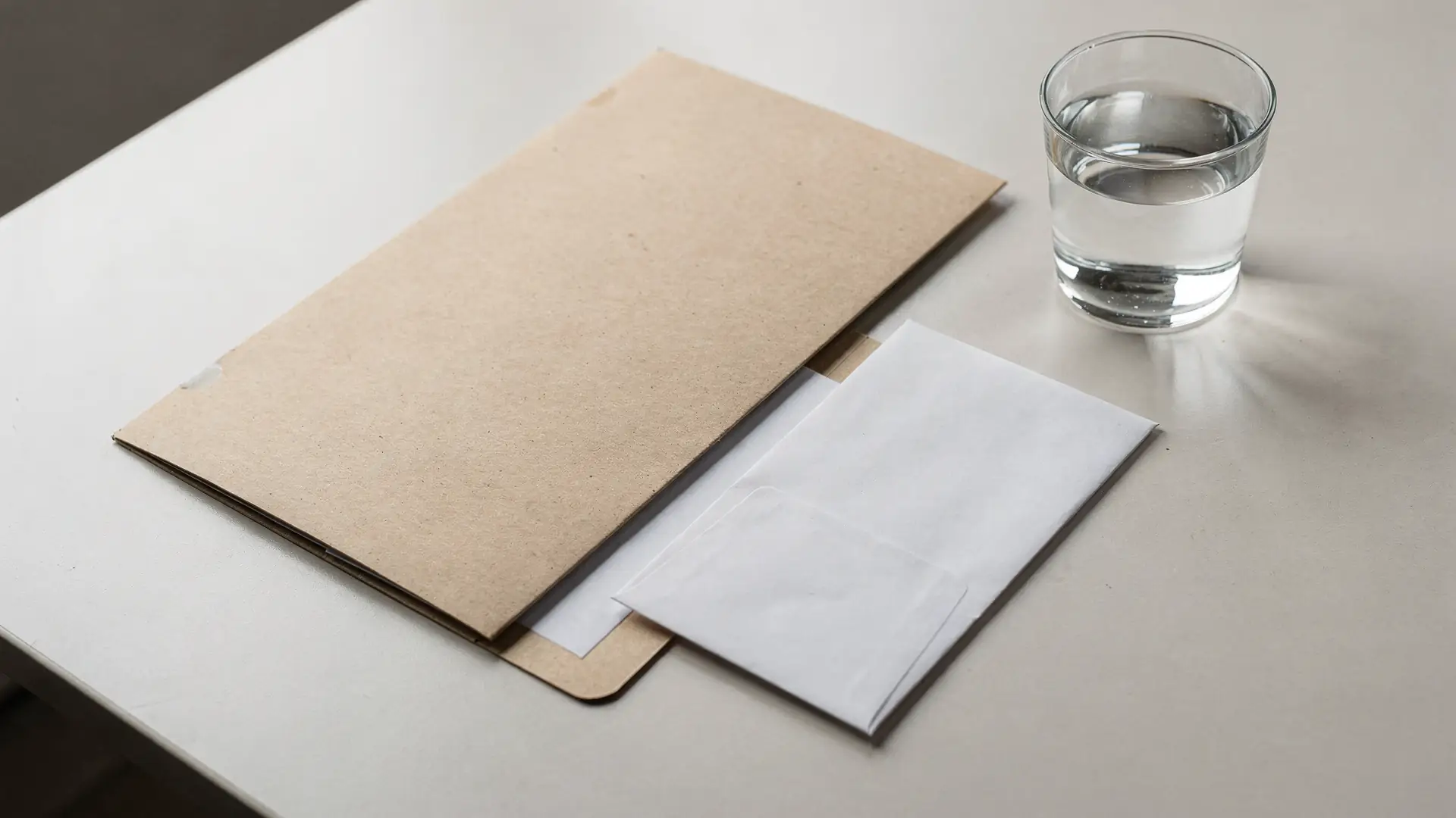 Pasta de papel kraft e envelope de exame fechados ao lado de copo de agua sobre mesa de consultorio, cena sobre a avaliacao que define quem pode usar a medicacao