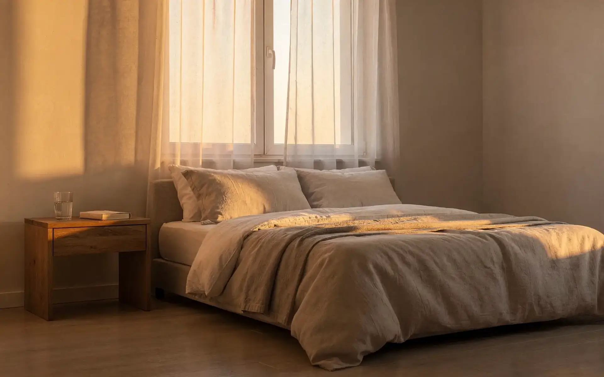 Quarto claro ao amanhecer com cama arrumada, cortina leve filtrando a luz e um copo de água sobre o criado-mudo.