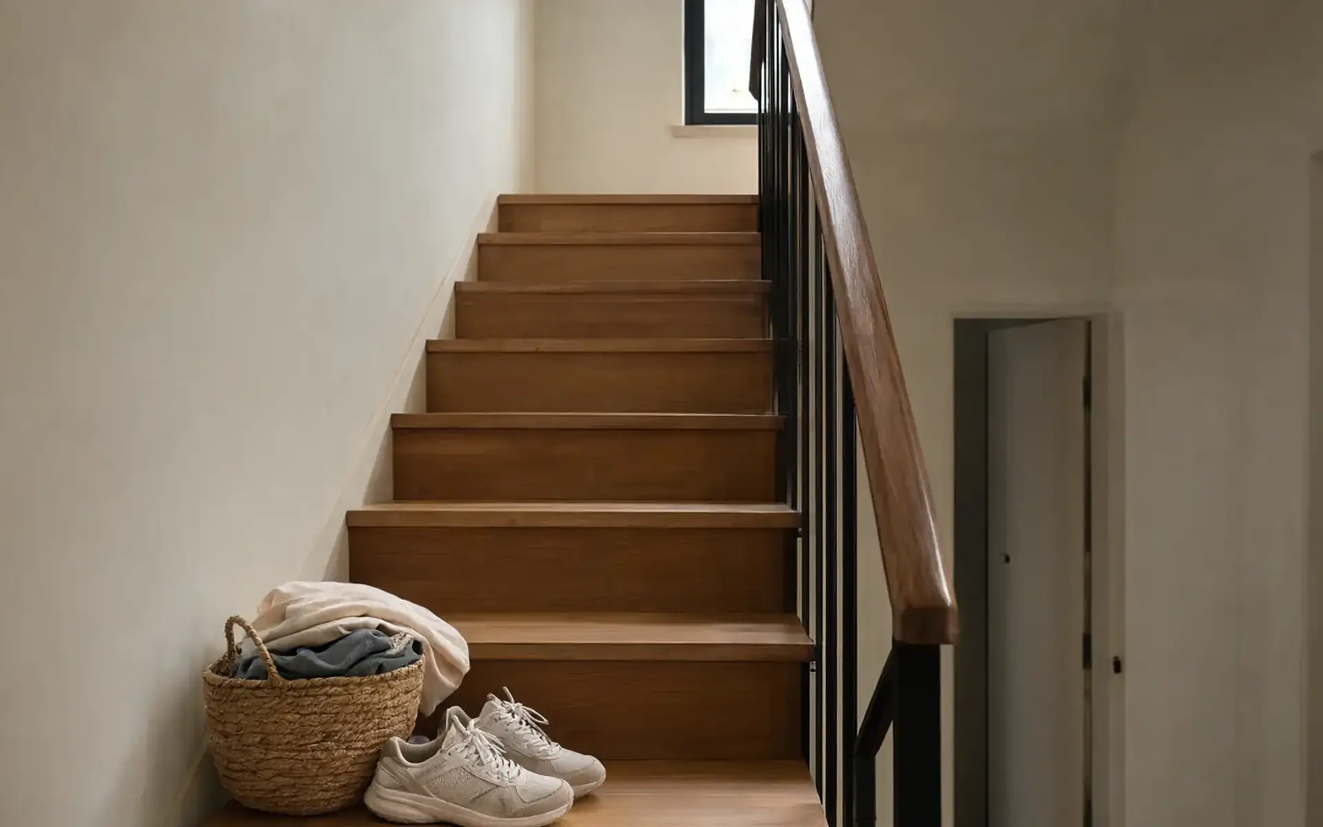 Escada de madeira com corrimão numa casa, com cesta de roupas e tênis ao pé dos degraus, cena do cotidiano que depende da força muscular na sarcopenia