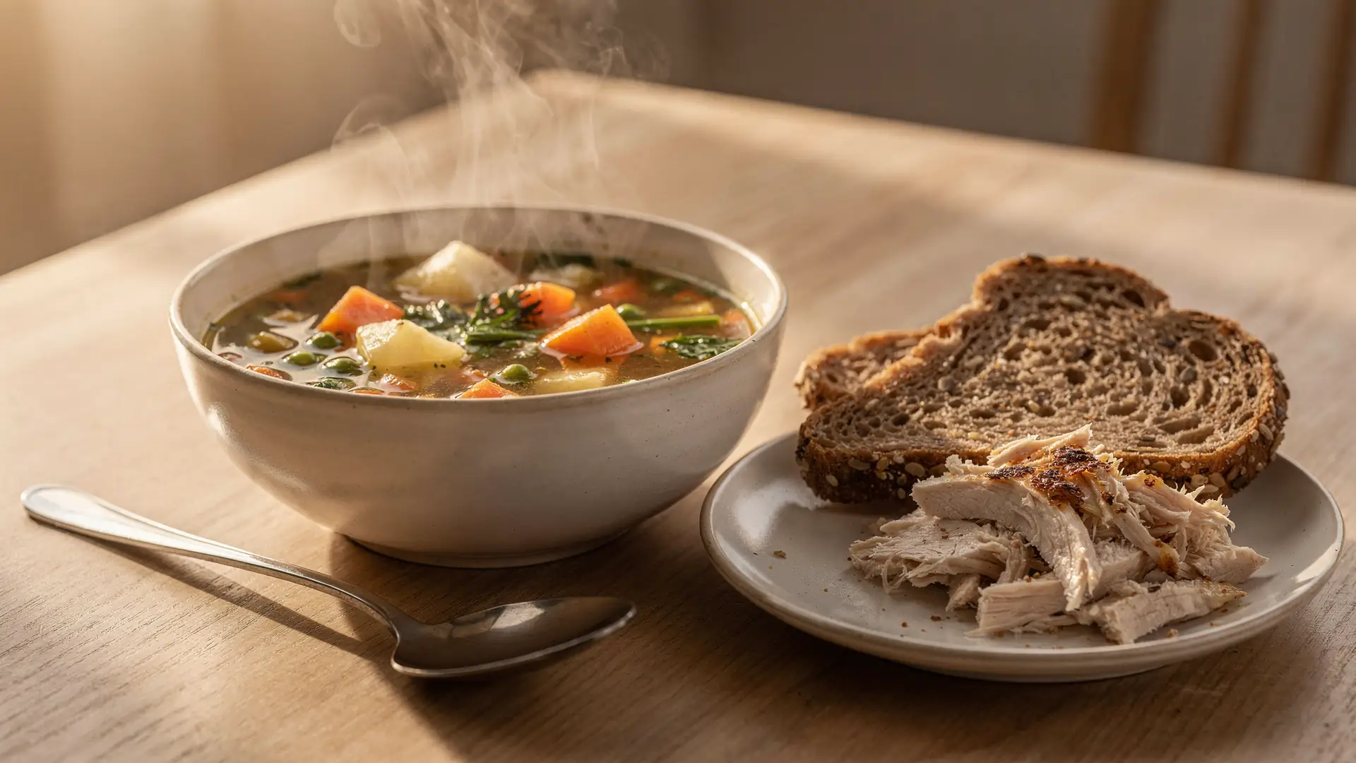 Tigela de sopa de legumes fumegante ao lado de prato com pao integral e frango desfiado sobre mesa de madeira, cena sobre sopa acompanhada de proteina em vez de dieta liquida isolada