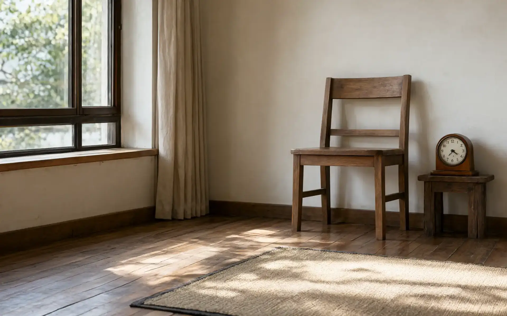 Cadeira firme encostada na parede de uma sala, com um relógio de mesa ao lado, preparada para o teste de sentar e levantar em casa