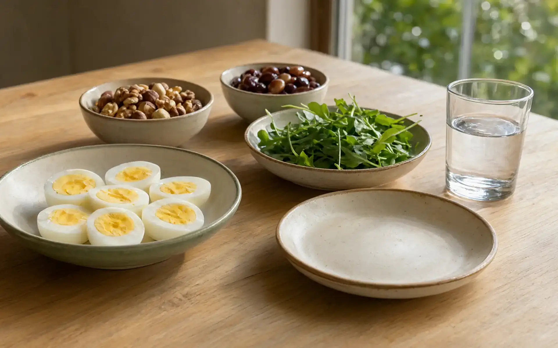 Mesa de madeira com ovos, castanhas, folhas verdes e feijão em tigelas sob luz natural, cena sobre vitamina para queda de cabelo e alimentação