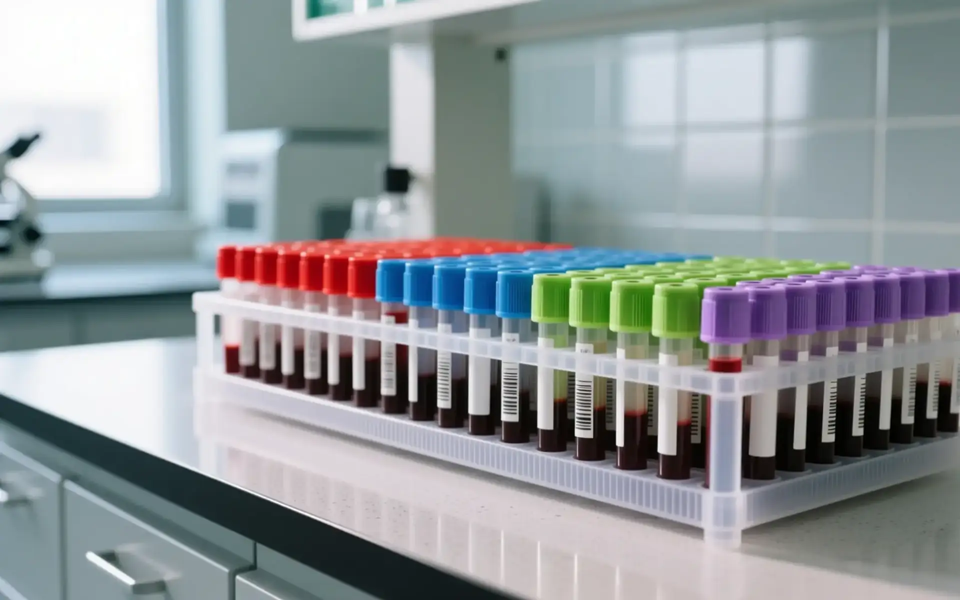 Tubos de coleta de sangue em estante de laboratório, cena sobre o exame que detecta colesterol alto