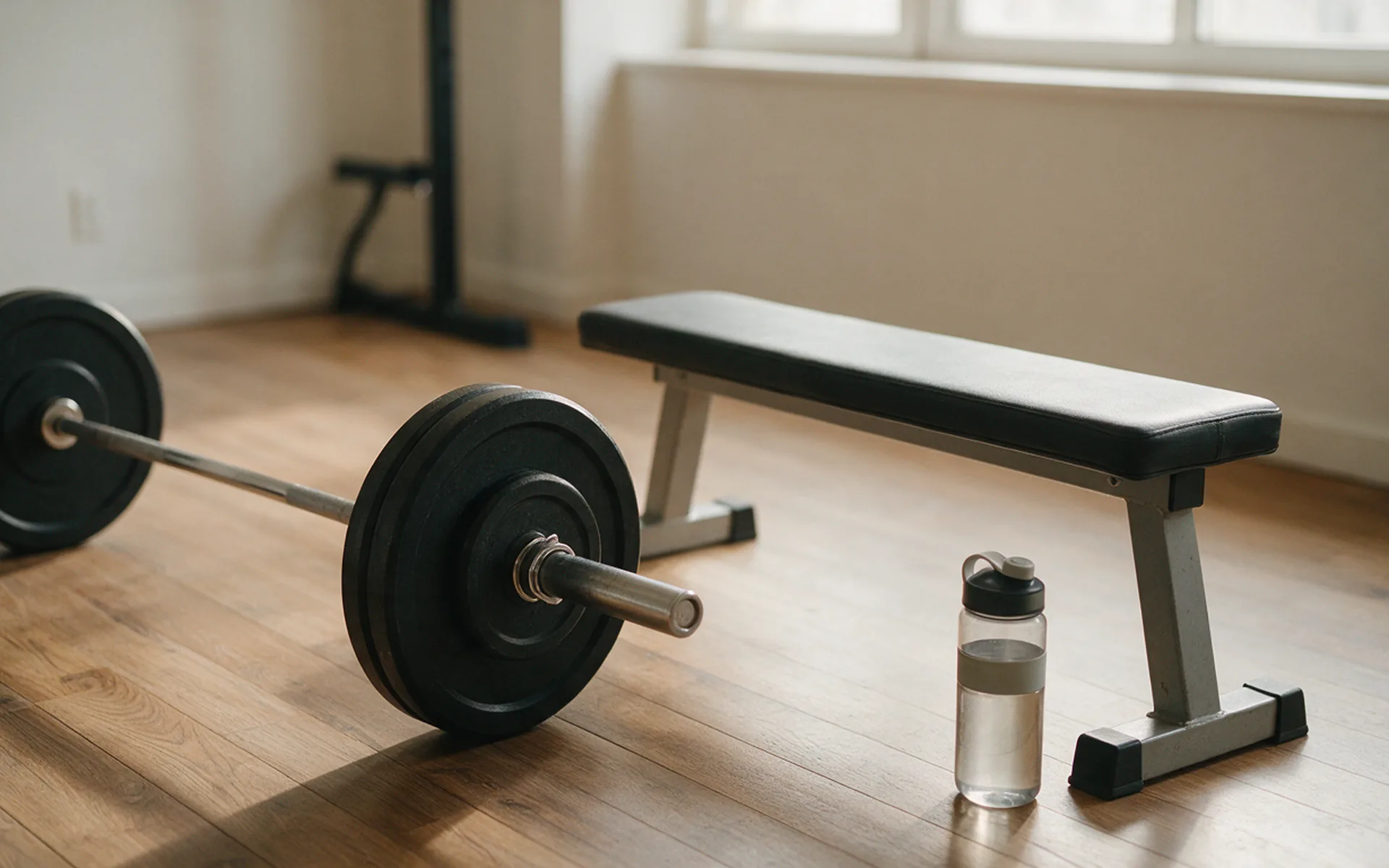 Barra com anilhas apoiada no chão de uma sala simples, ao lado de um banco e de uma garrafa de água, cena que representa o treino de força como exercício durante o tratamento