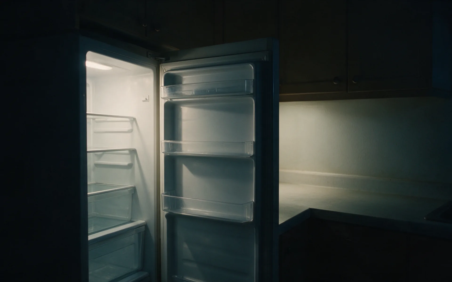 Cozinha à noite com a luz da geladeira aberta iluminando a bancada vazia, cena que representa a fome emocional no fim de um dia difícil